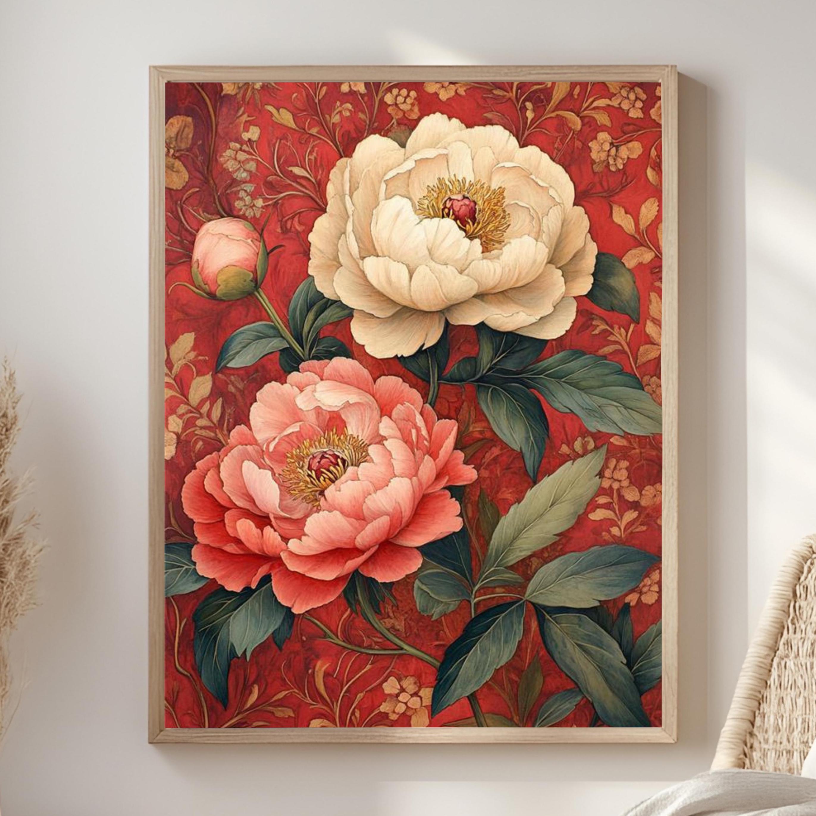 Vintage Peony Framed Canvas, Red Botanical Flower Wall Art, Romantic Garden Floral Print, Classic Cottagecore Home Decor