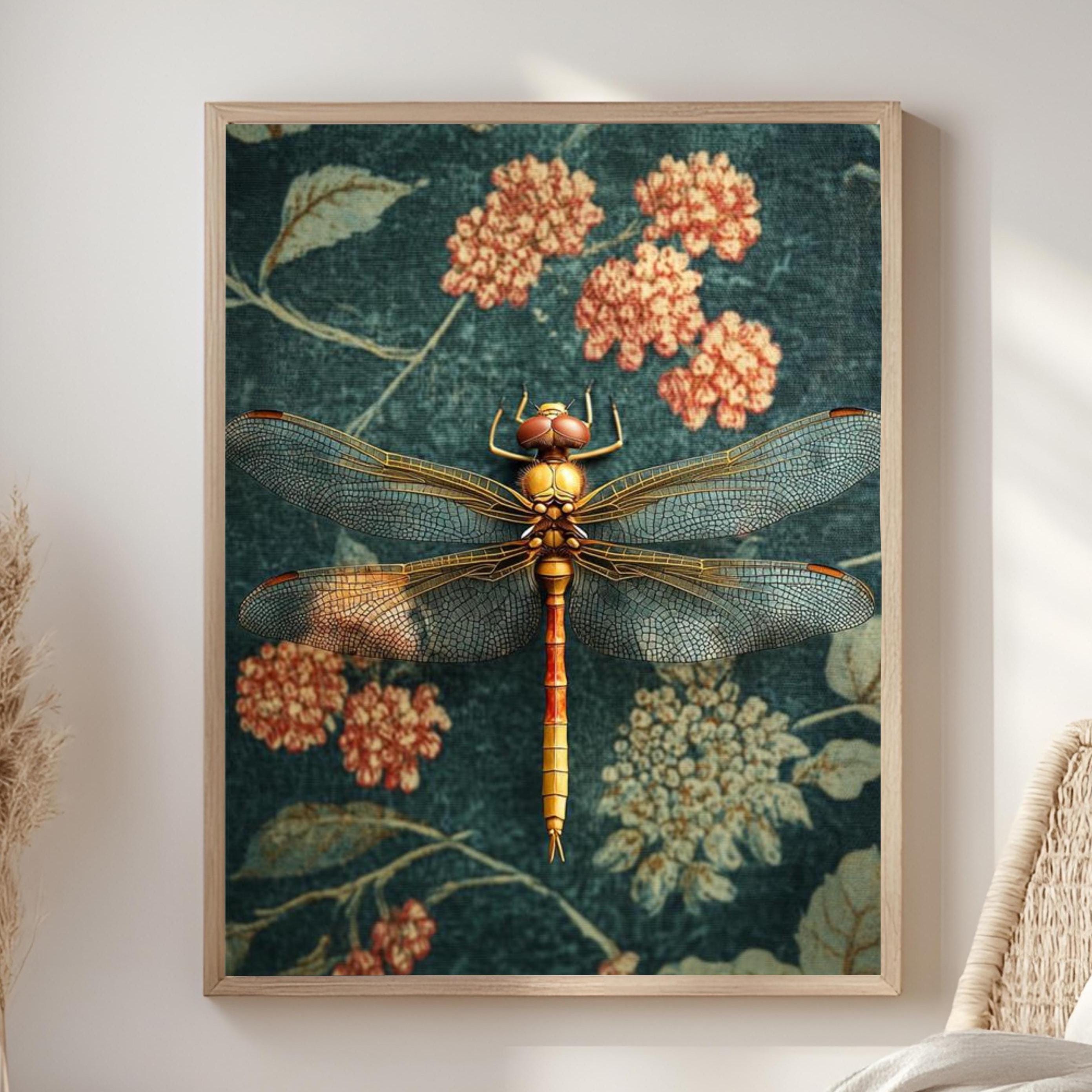 Golden Dragonfly Framed Canvas, Vintage Floral Insect Wall Art, Botanical Nature Print, Elegant Entomology Decor, Garden-Inspired Accent