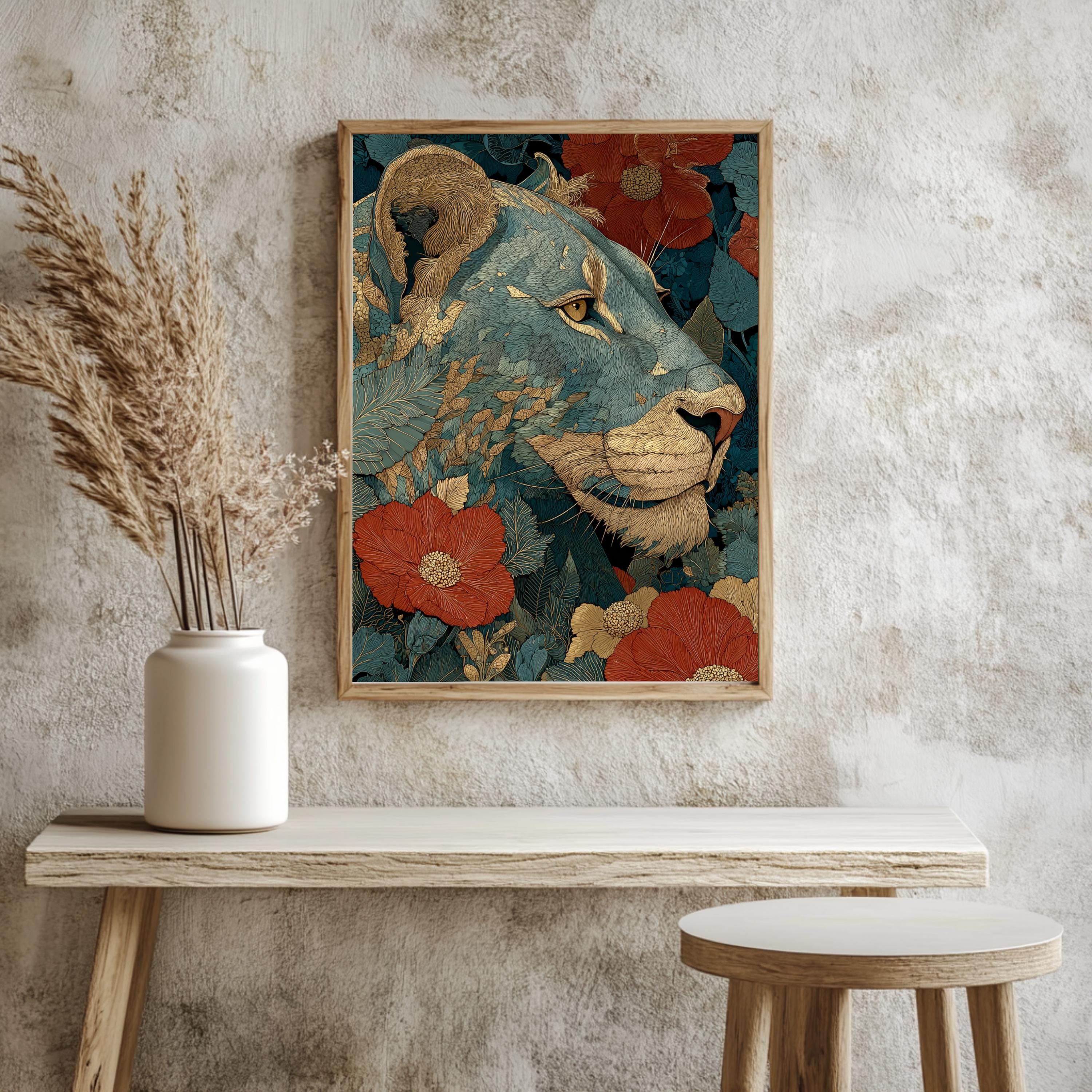 Vintage Lion Wall Art, Antique Animal Canvas, Classic Lion Poster, Framed Canvas, Botanical Illustration Print, Heritage Lion Artwork