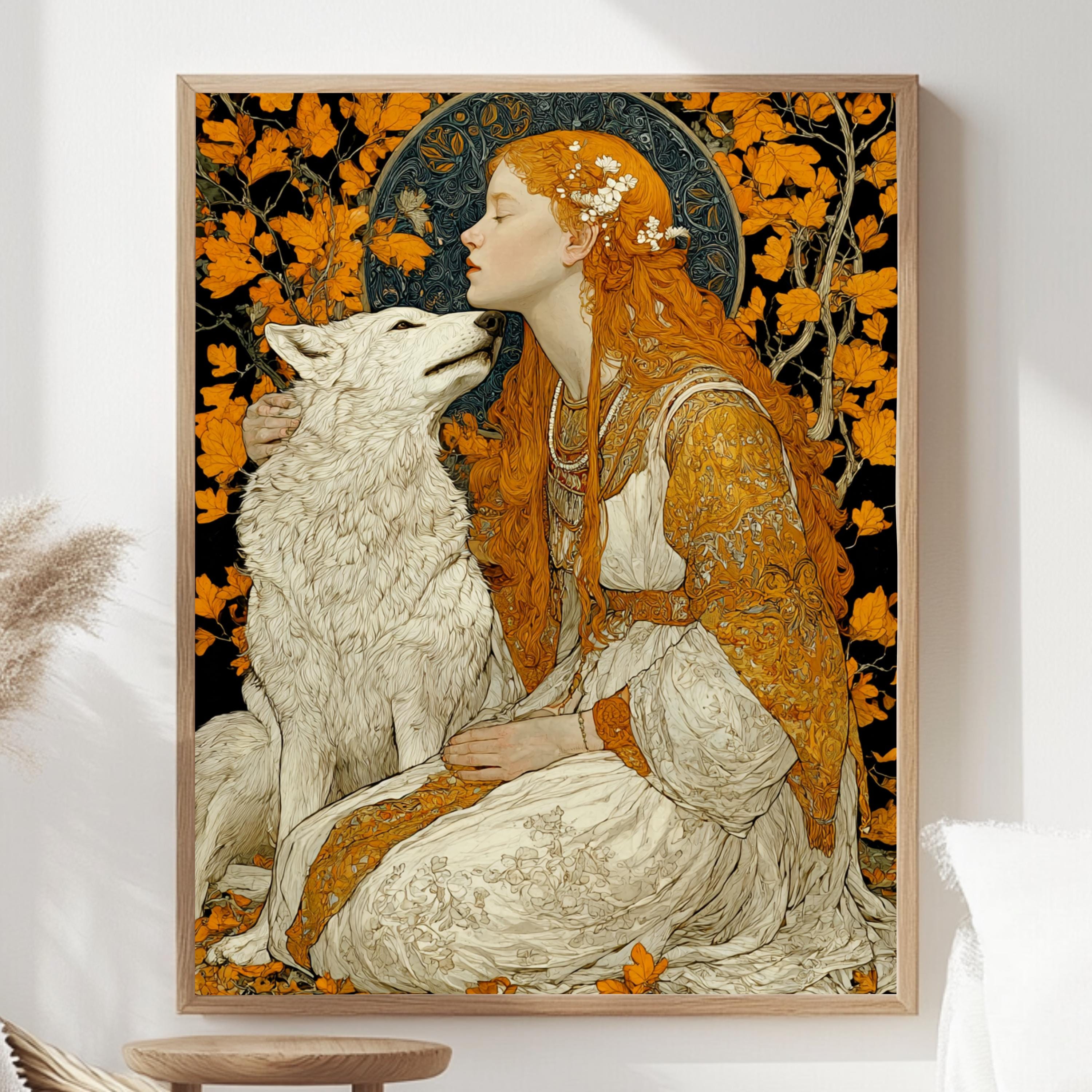 Princess And Wolf Wall Art, Fantasy Fairytale Canvas, Enchanted Forest Poster, Framed Canvas, Magical Art Print, Storybook Inspired Decor