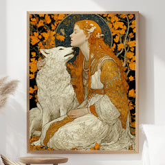 Princess And Wolf Wall Art, Fantasy Fairytale Canvas, Enchanted Forest Poster, Framed Canvas, Magical Art Print, Storybook Inspired Decor