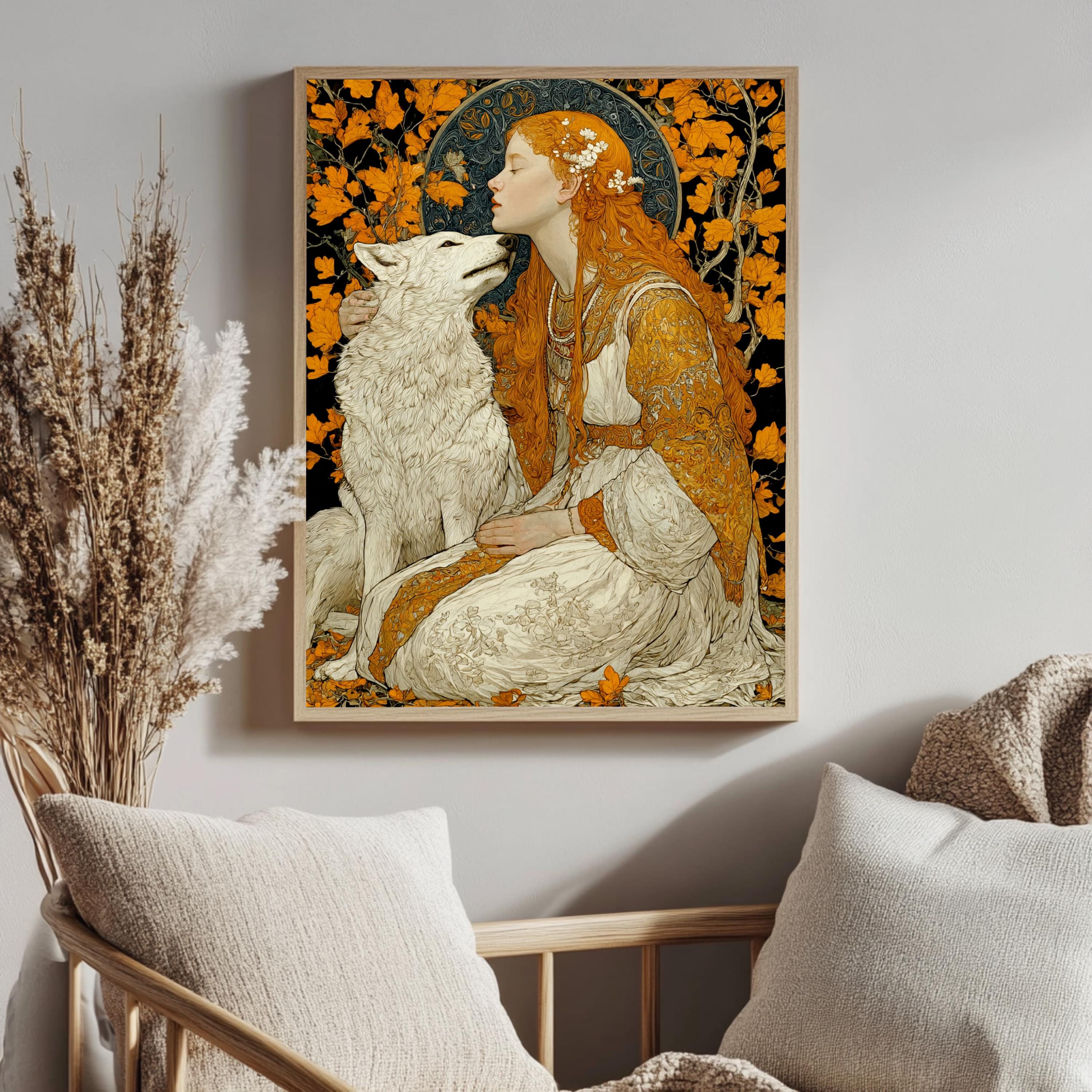 Princess And Wolf Wall Art, Fantasy Fairytale Canvas, Enchanted Forest Poster, Framed Canvas, Magical Art Print, Storybook Inspired Decor