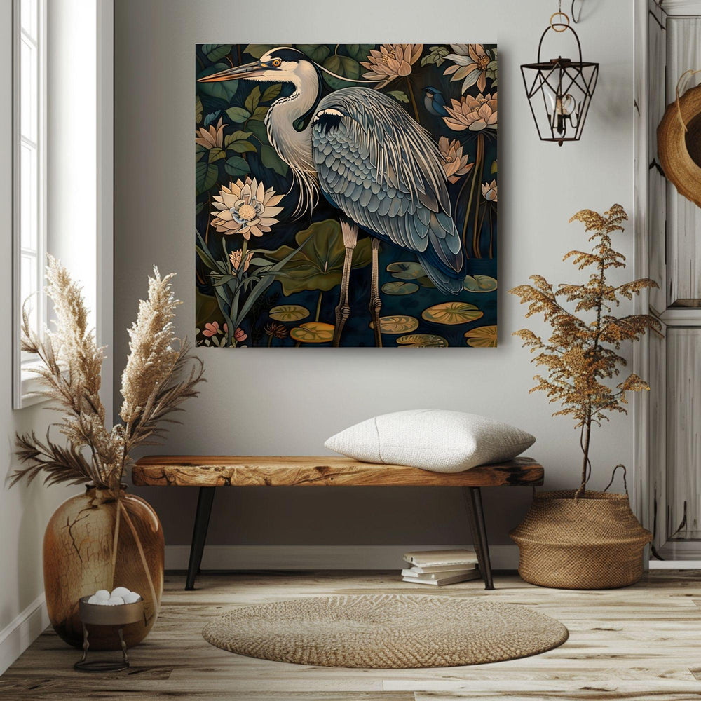 William Morris Style Blue Heron Art, Vintage Coastal Home Decor, Framed Nature Canvas Art, Vintage Inspired Illustration,Ready to Hang Decor