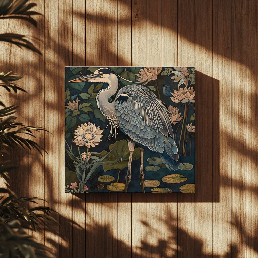 William Morris Style Blue Heron Art, Vintage Coastal Home Decor, Framed Nature Canvas Art, Vintage Inspired Illustration,Ready to Hang Decor