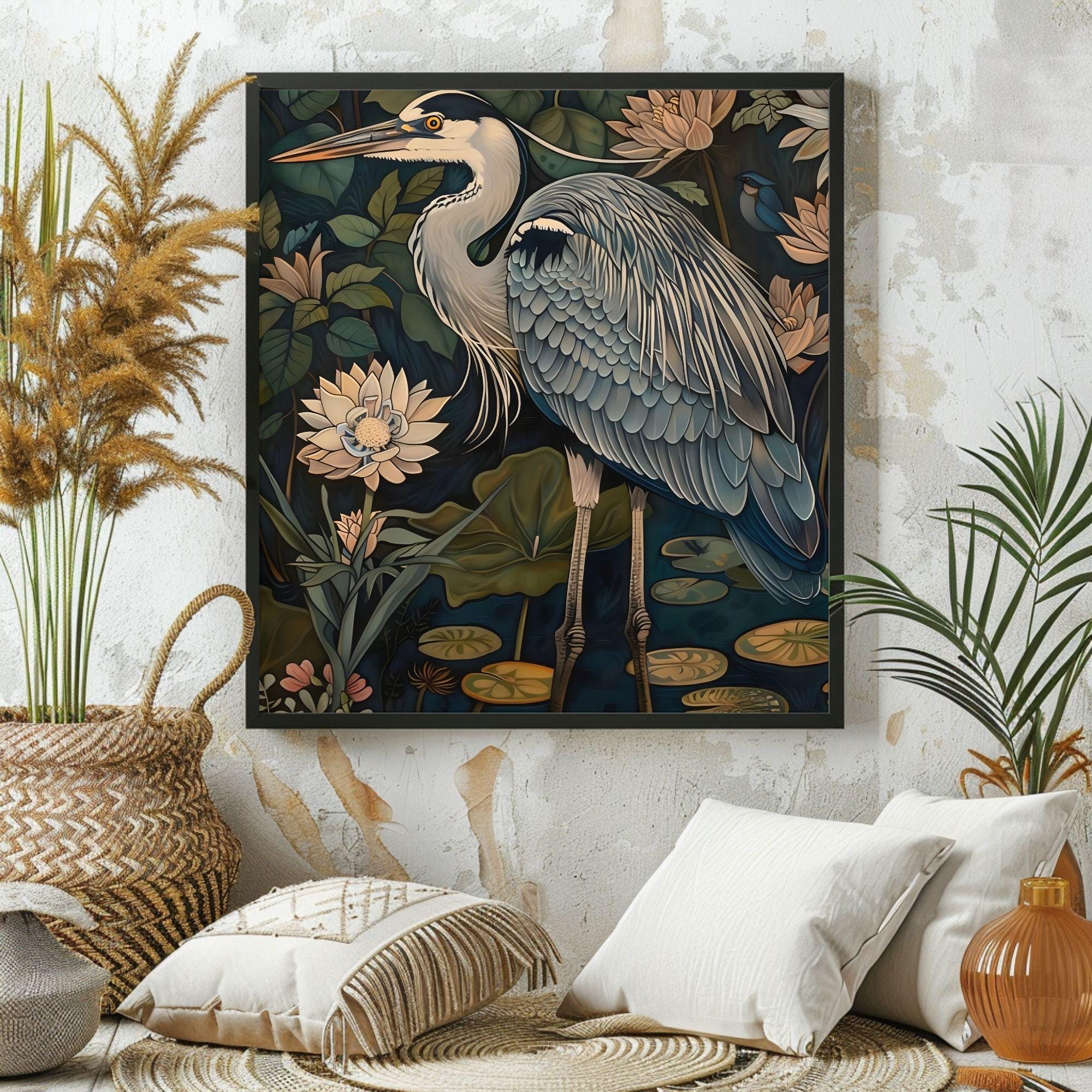 William Morris Style Blue Heron Art, Vintage Coastal Home Decor, Framed Nature Canvas Art, Vintage Inspired Illustration,Ready to Hang Decor