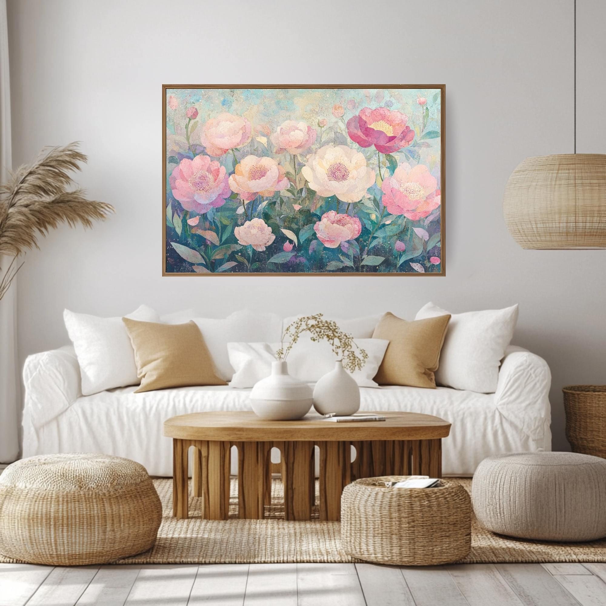 Peony Wooden Framed Canvas Art, Peony Floral Wall Art, Landscape Flower Print, Botanical Decor, Pink Garden Artwork, Nature Flower Painting