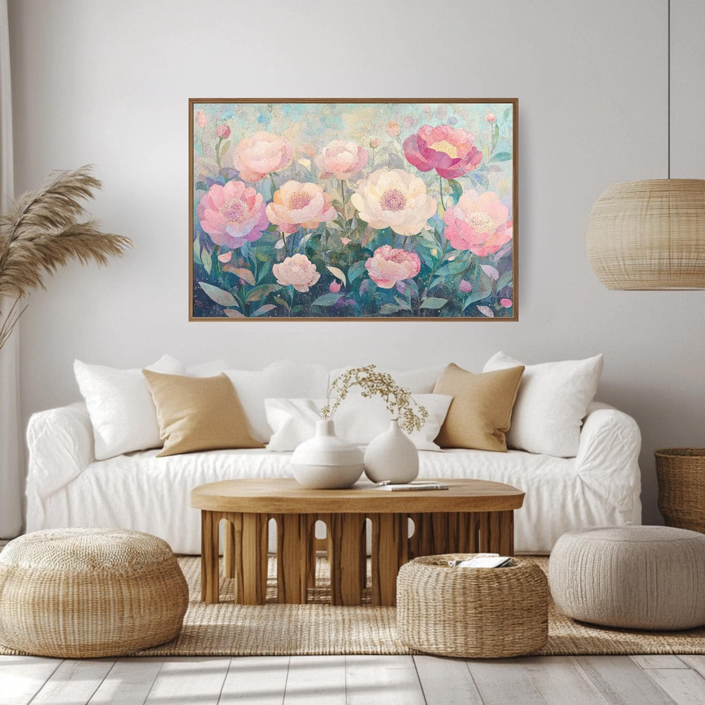 Peony Wooden Framed Canvas Art, Peony Floral Wall Art, Landscape Flower Print, Botanical Decor, Pink Garden Artwork, Nature Flower Painting