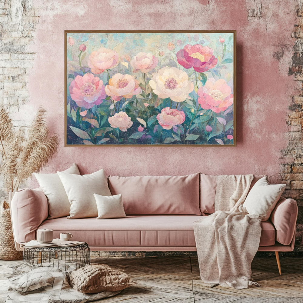 Peony Wooden Framed Canvas Art, Peony Floral Wall Art, Landscape Flower Print, Botanical Decor, Pink Garden Artwork, Nature Flower Painting