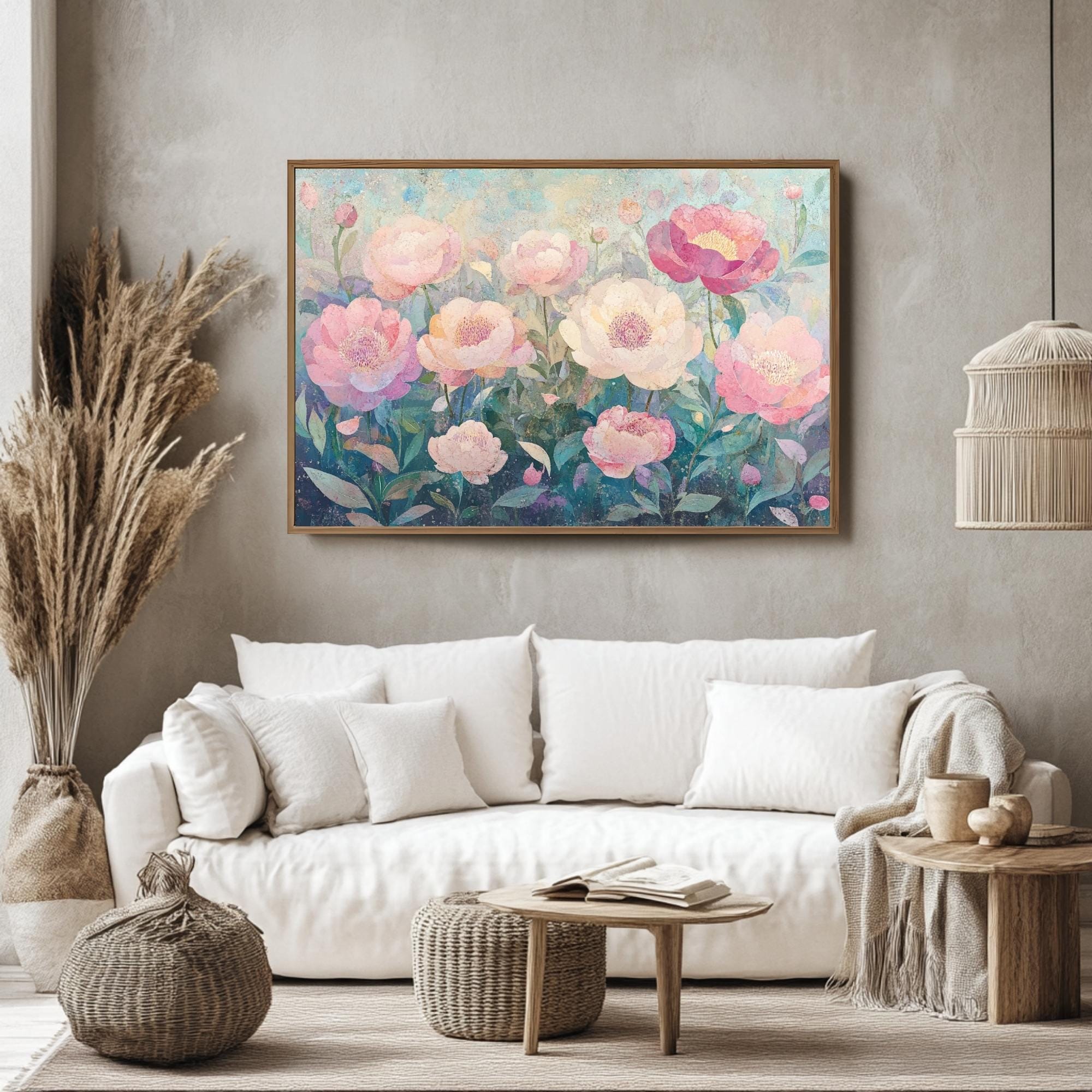 Peony Wooden Framed Canvas Art, Peony Floral Wall Art, Landscape Flower Print, Botanical Decor, Pink Garden Artwork, Nature Flower Painting