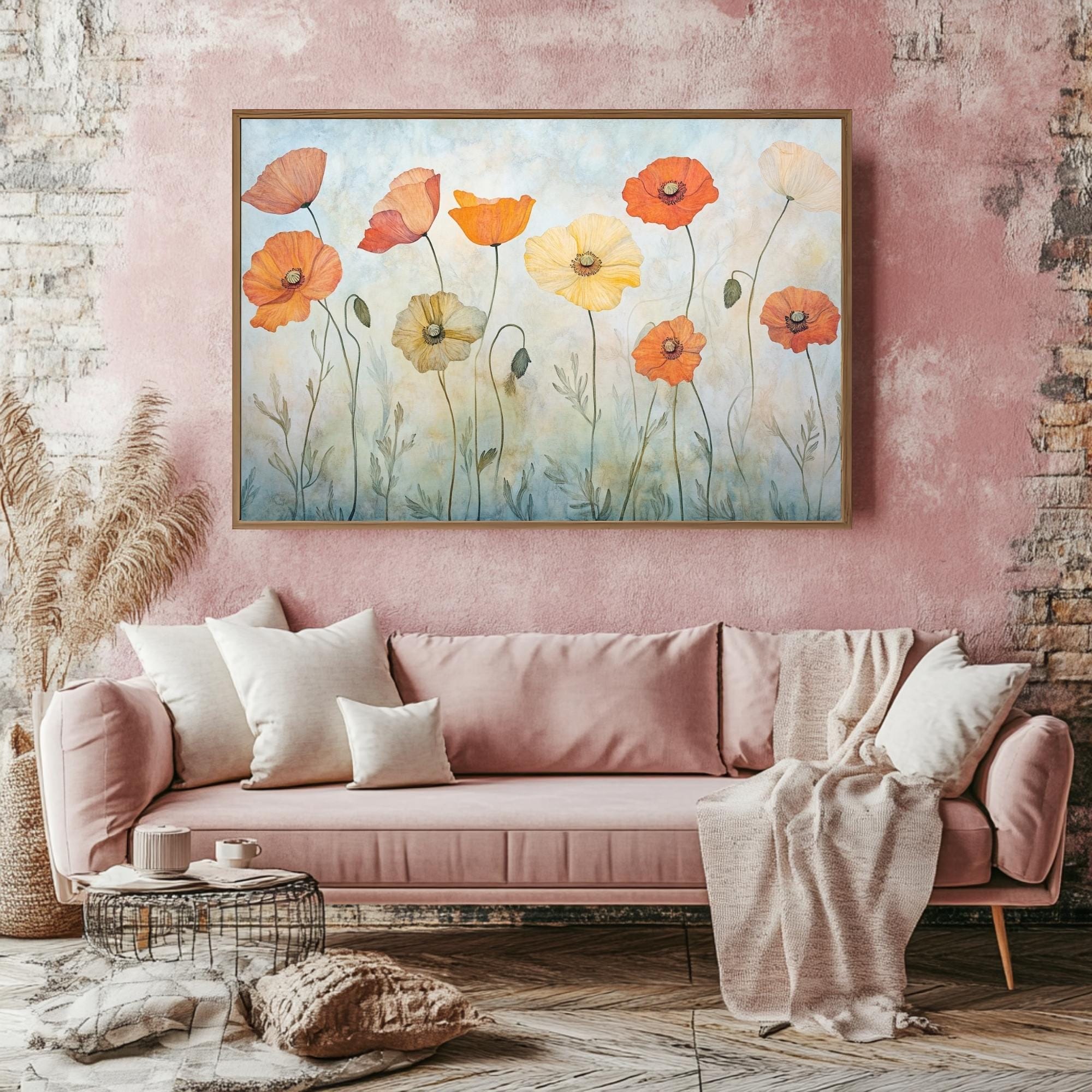 Orange Poppies Canvas, Wooden Frame Wall Art, Landscape Botanical Print, Floral Garden Artwork, Nature Flower Decor, Poppy Painting