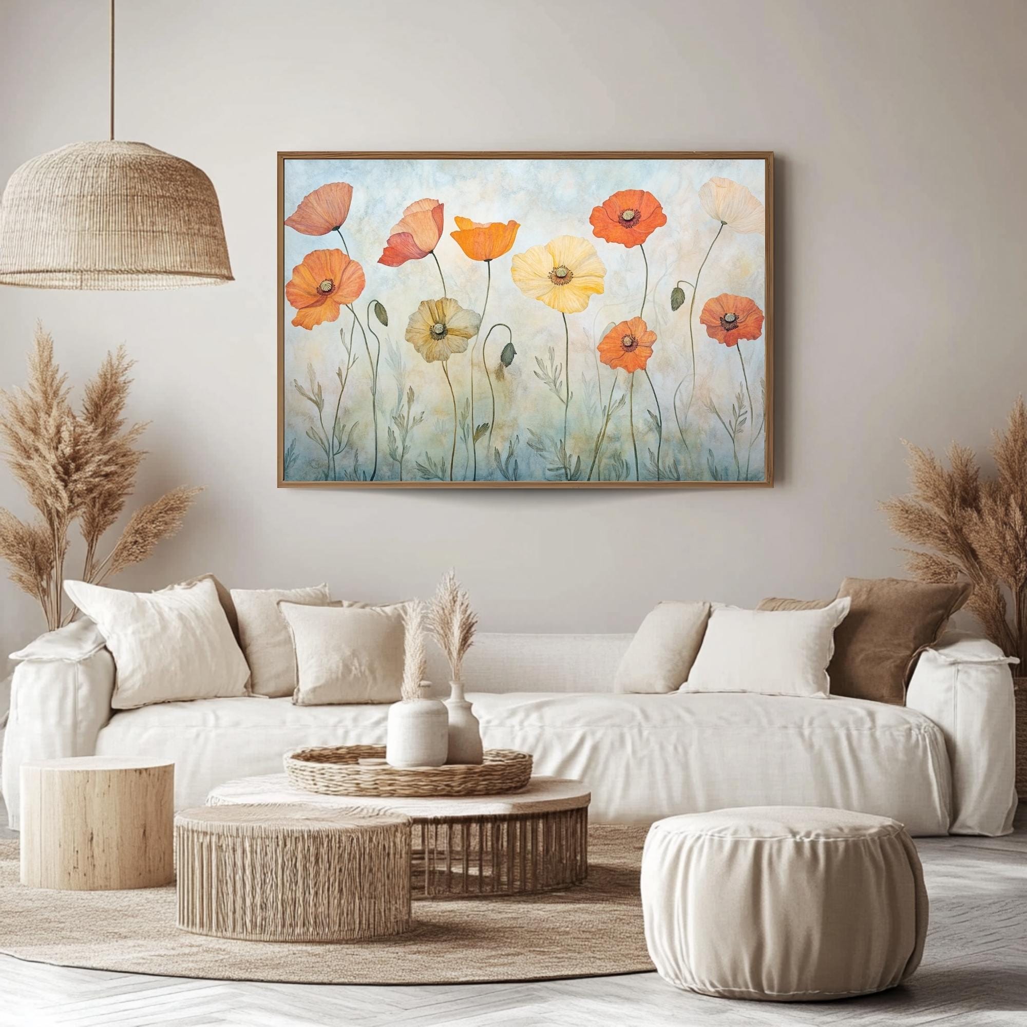 Orange Poppies Canvas, Wooden Frame Wall Art, Landscape Botanical Print, Floral Garden Artwork, Nature Flower Decor, Poppy Painting