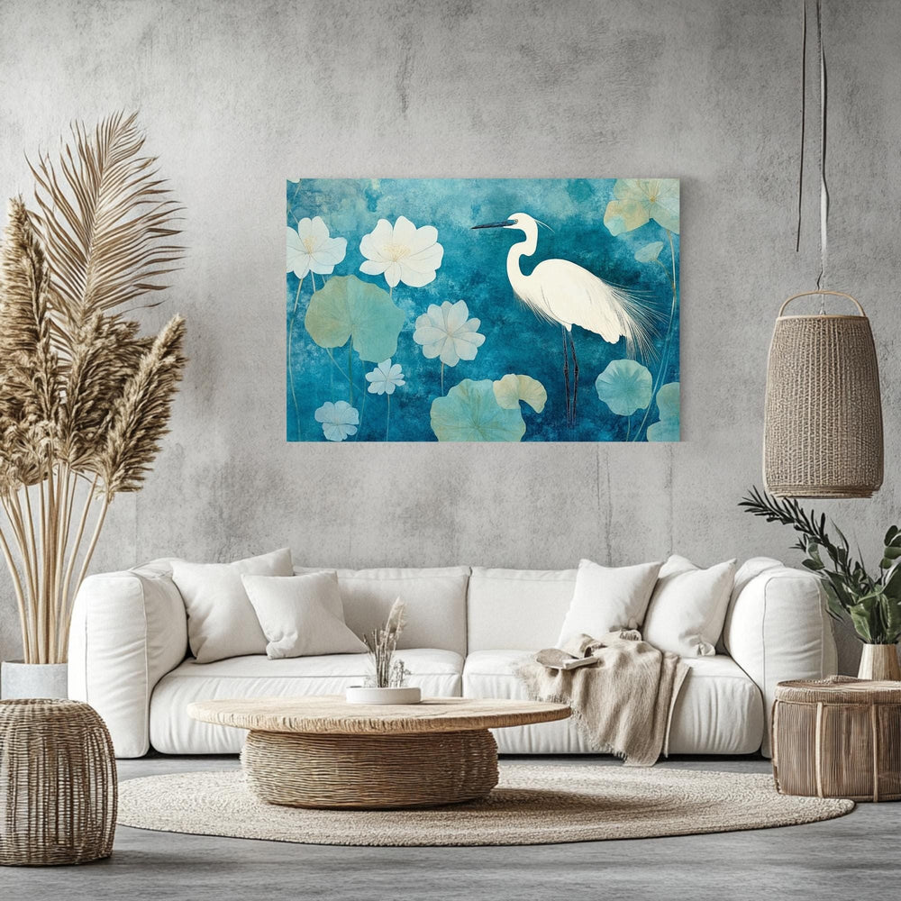 Heron Wooden Frame Canvas, Heron Bird Wall Art, Lotus Flower Print, Blue Water Garden Decor, Zen Pond Artwork, Tranquil Bird Painting