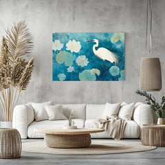 Heron Wooden Frame Canvas, Heron Bird Wall Art, Lotus Flower Print, Blue Water Garden Decor, Zen Pond Artwork, Tranquil Bird Painting
