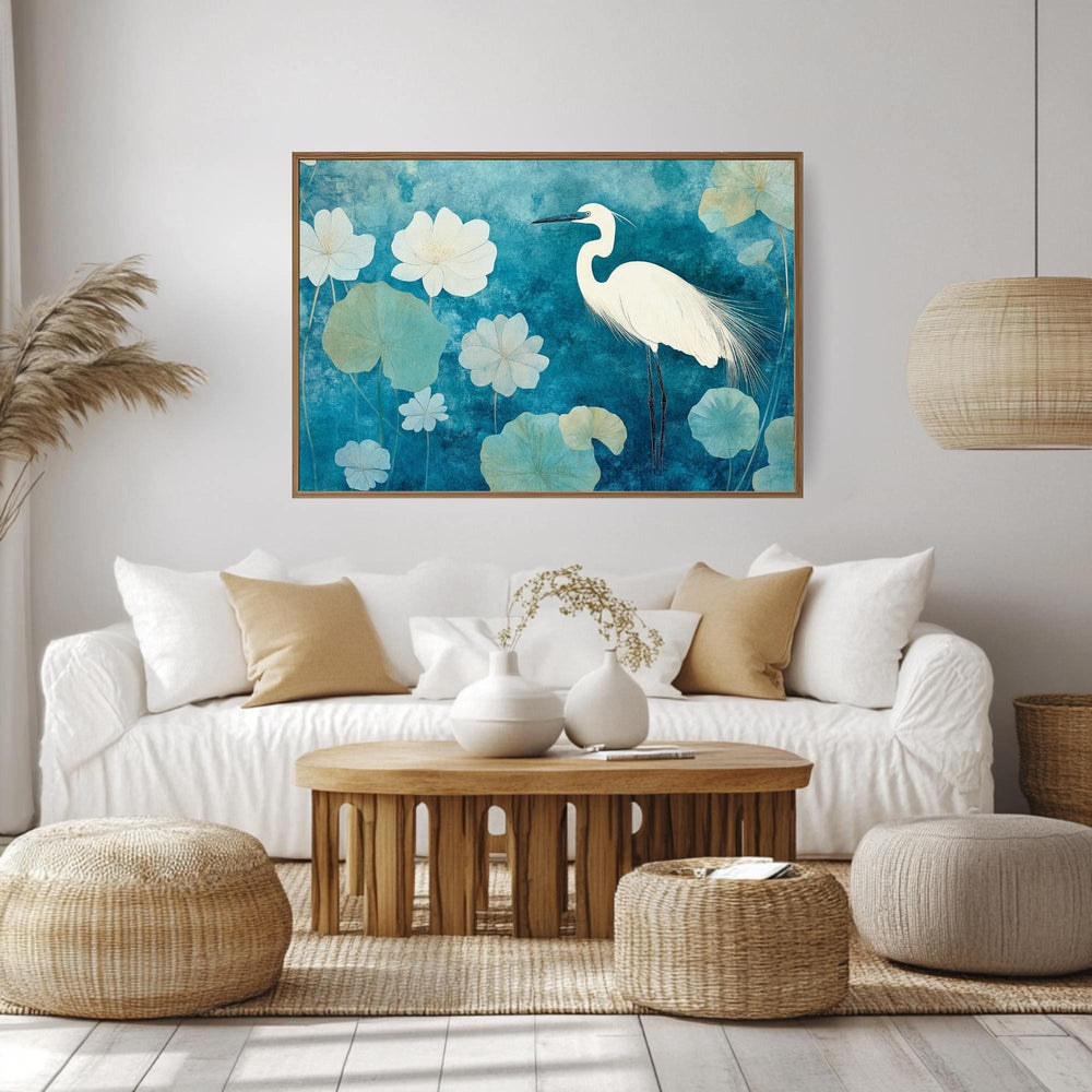 Heron Wooden Frame Canvas, Heron Bird Wall Art, Lotus Flower Print, Blue Water Garden Decor, Zen Pond Artwork, Tranquil Bird Painting