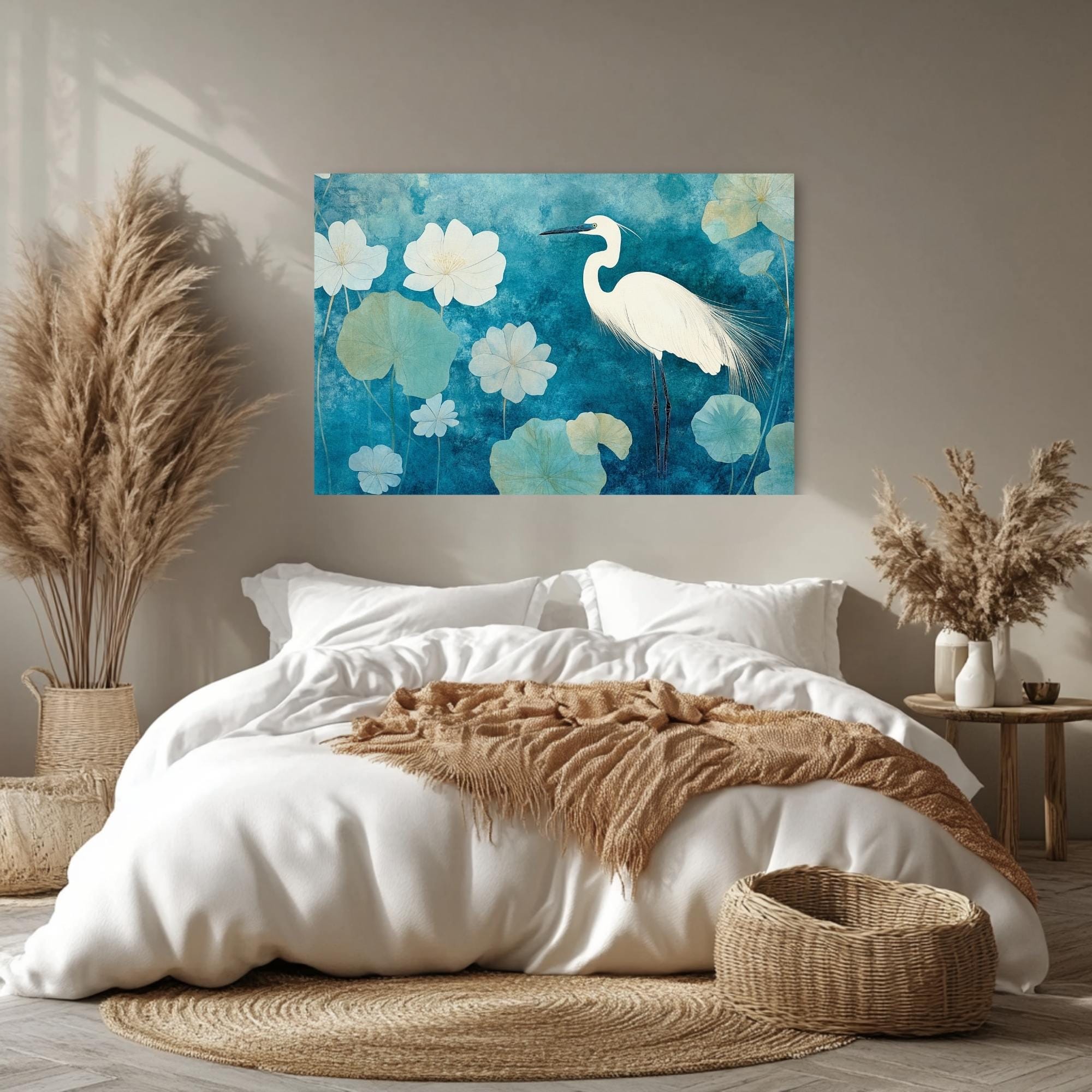 Heron Wooden Frame Canvas, Heron Bird Wall Art, Lotus Flower Print, Blue Water Garden Decor, Zen Pond Artwork, Tranquil Bird Painting