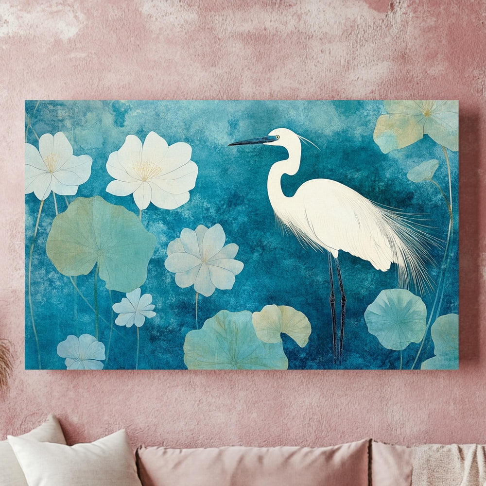 Heron Wooden Frame Canvas, Heron Bird Wall Art, Lotus Flower Print, Blue Water Garden Decor, Zen Pond Artwork, Tranquil Bird Painting