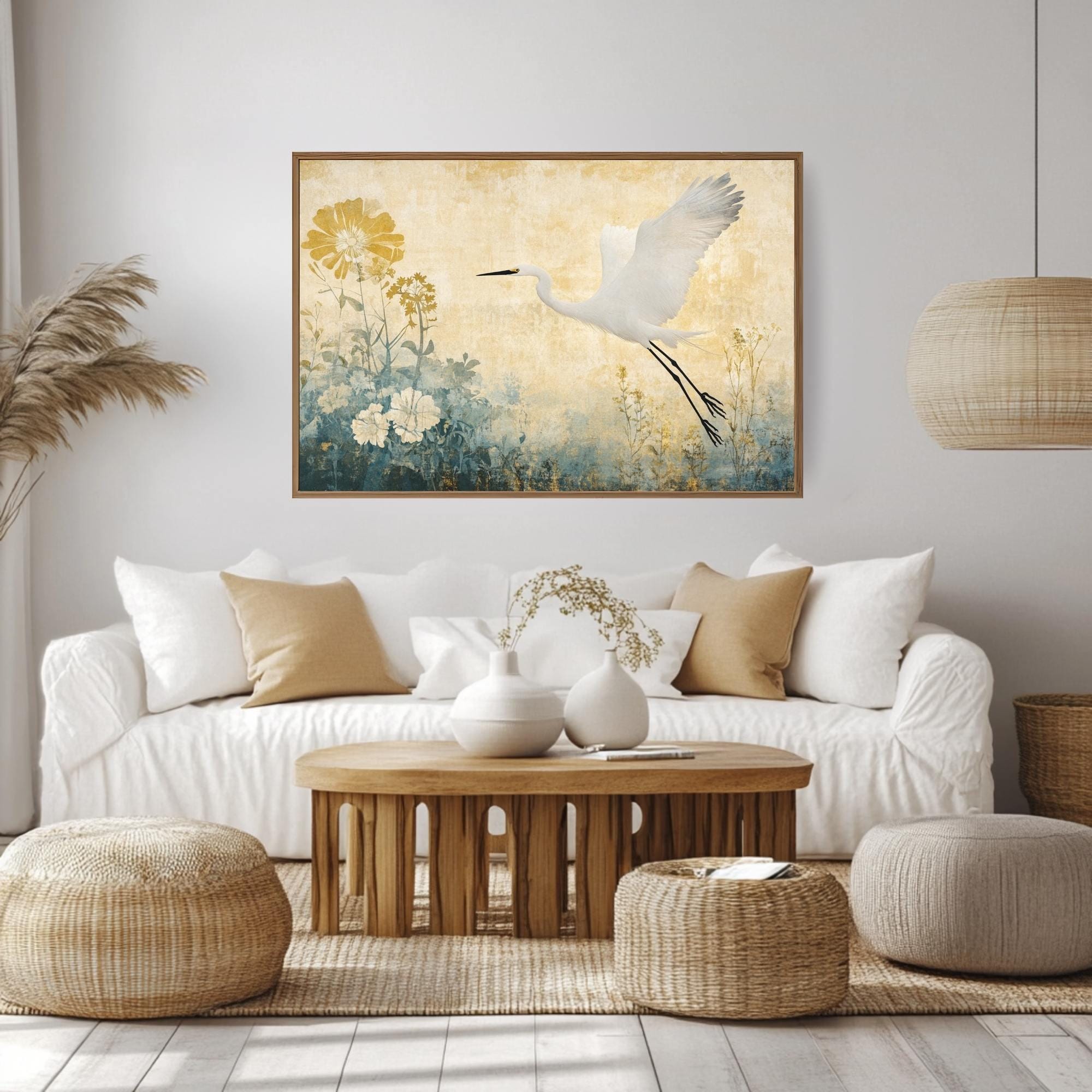 Egret Wooden Frame Canvas, Egret Bird Wall Art, Floral Meadow Print, Yellow Garden Scene, Flying Bird Artwork, Nature Inspired Home Decor