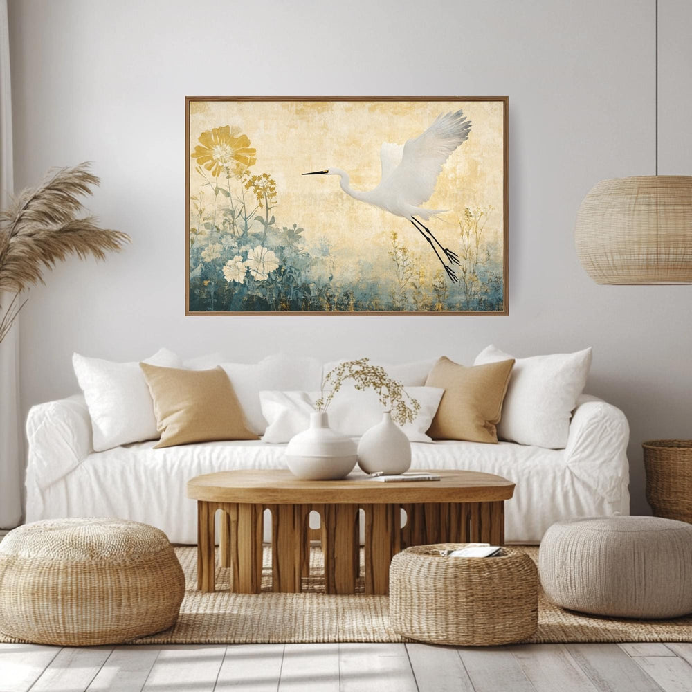 Egret Wooden Frame Canvas, Egret Bird Wall Art, Floral Meadow Print, Yellow Garden Scene, Flying Bird Artwork, Nature Inspired Home Decor