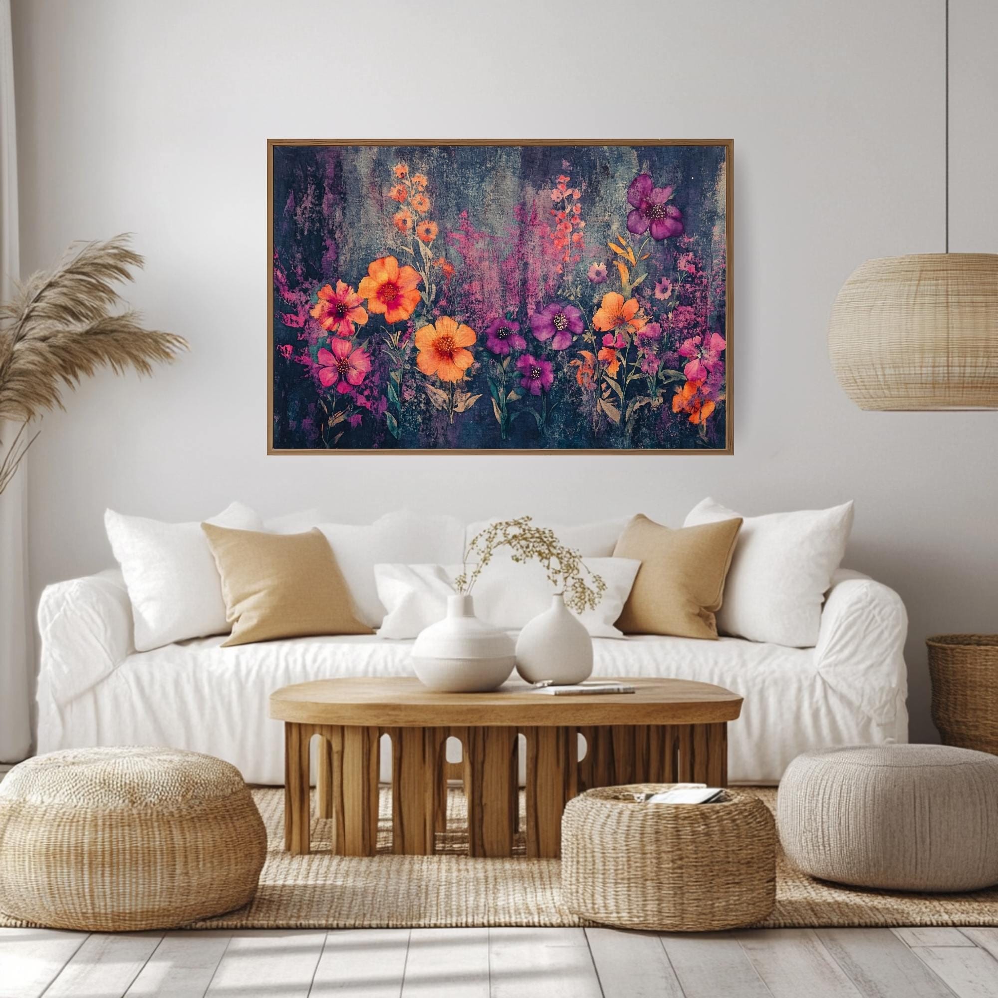 Wildflower Field Wall Art, Purple Orange Floral Print, Botanical Bloom Scene, Garden Flowers Artwork, Vibrant Nature Framed Decor