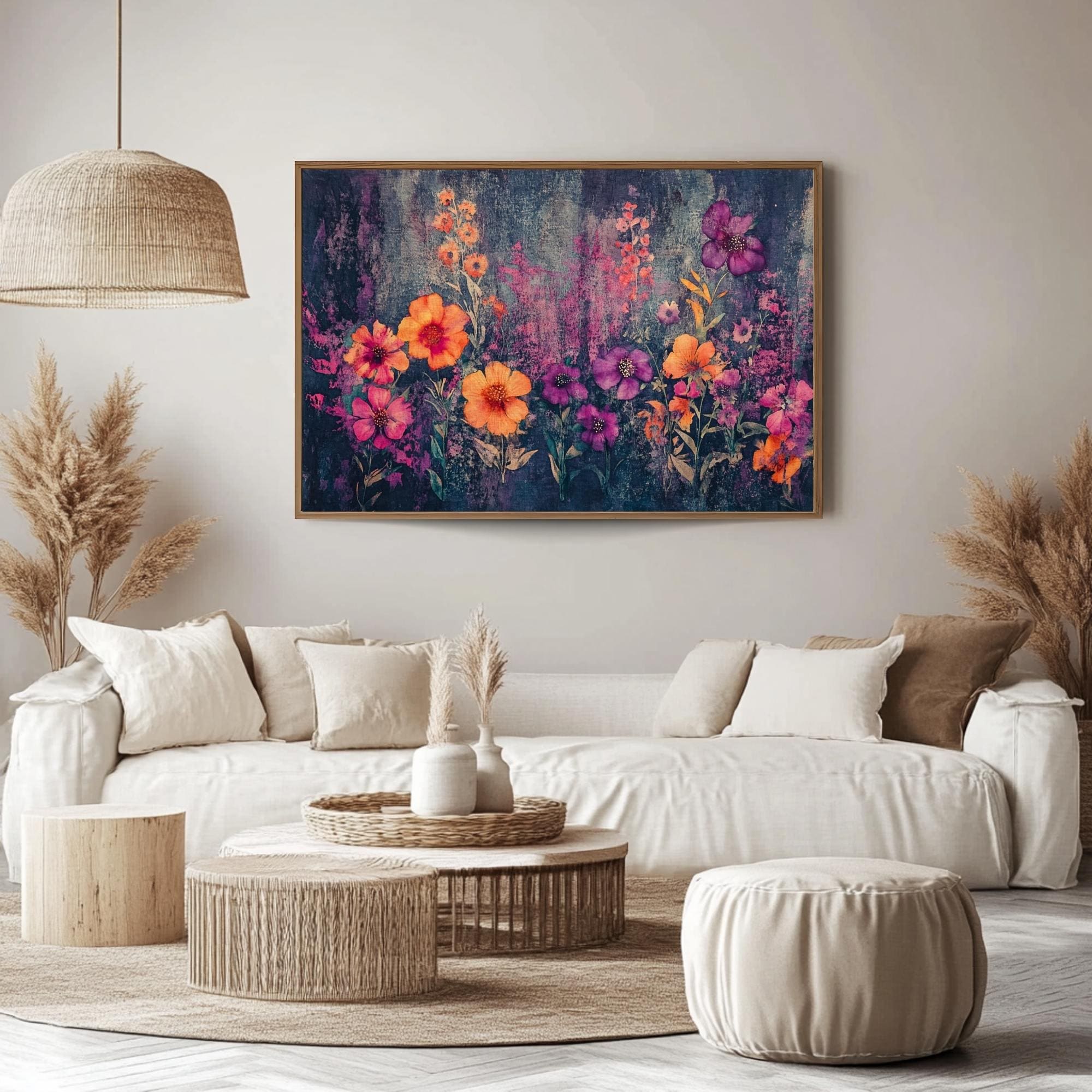Wildflower Field Wall Art, Purple Orange Floral Print, Botanical Bloom Scene, Garden Flowers Artwork, Vibrant Nature Framed Decor