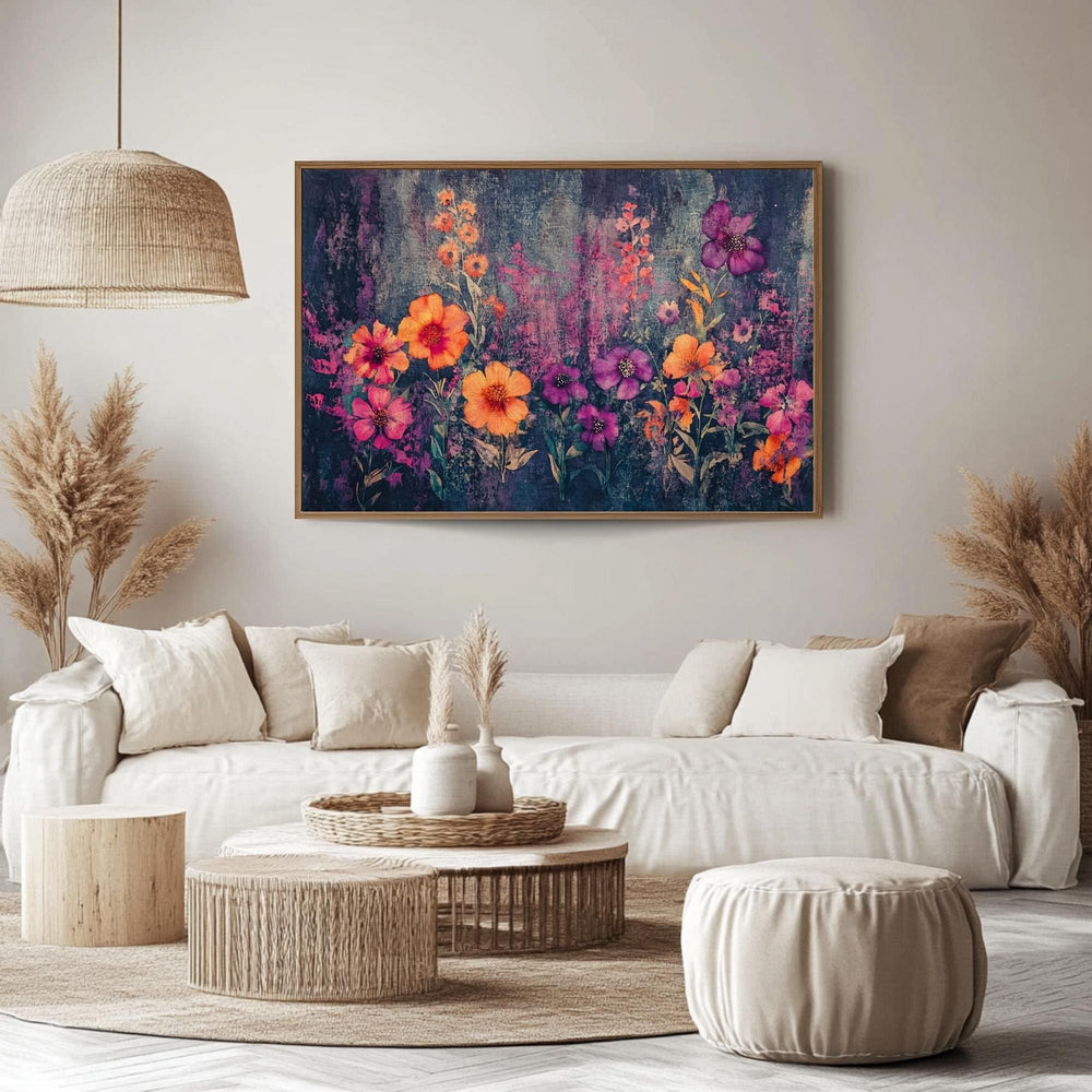 Wildflower Field Wall Art, Purple Orange Floral Print, Botanical Bloom Scene, Garden Flowers Artwork, Vibrant Nature Framed Decor