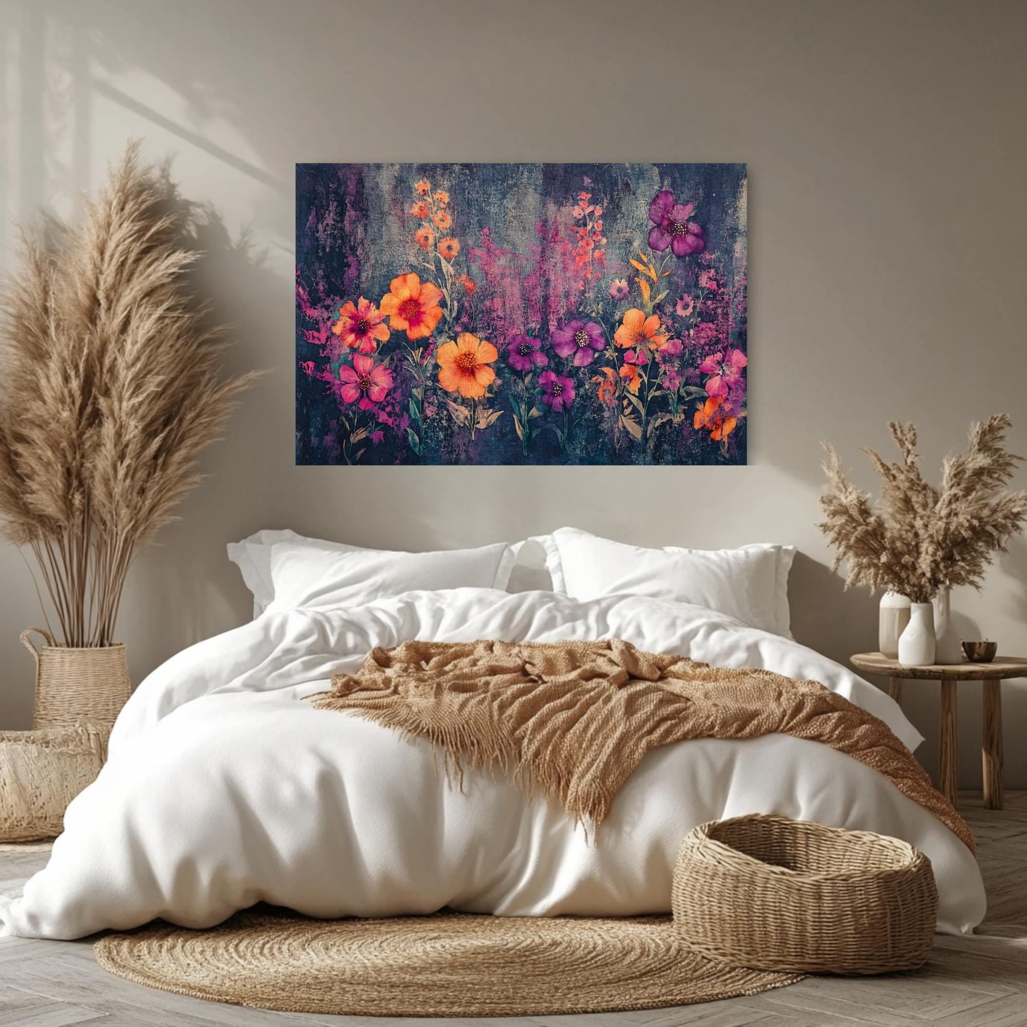 Wildflower Field Wall Art, Purple Orange Floral Print, Botanical Bloom Scene, Garden Flowers Artwork, Vibrant Nature Framed Decor