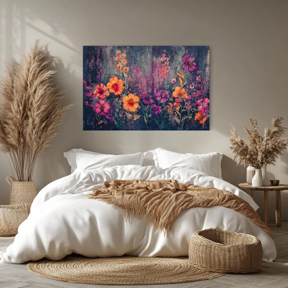 Wildflower Field Wall Art, Purple Orange Floral Print, Botanical Bloom Scene, Garden Flowers Artwork, Vibrant Nature Framed Decor