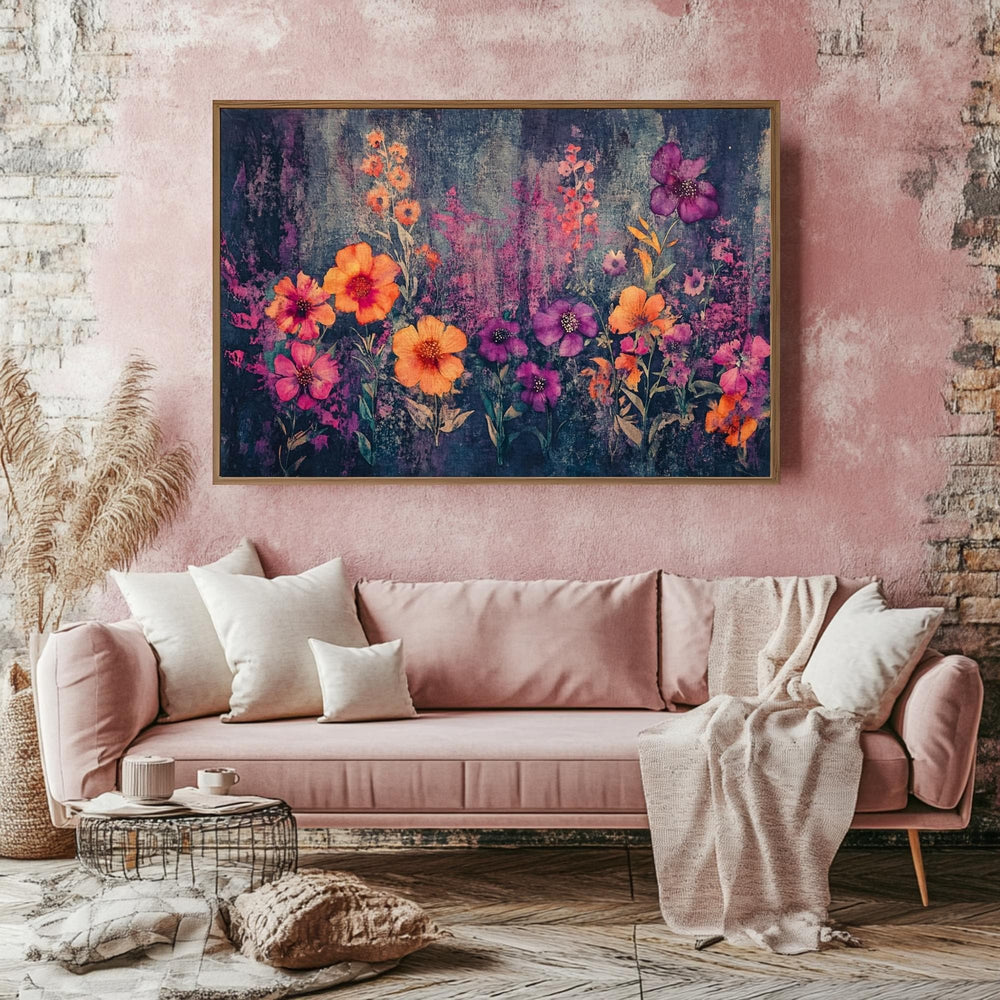 Wildflower Field Wall Art, Purple Orange Floral Print, Botanical Bloom Scene, Garden Flowers Artwork, Vibrant Nature Framed Decor