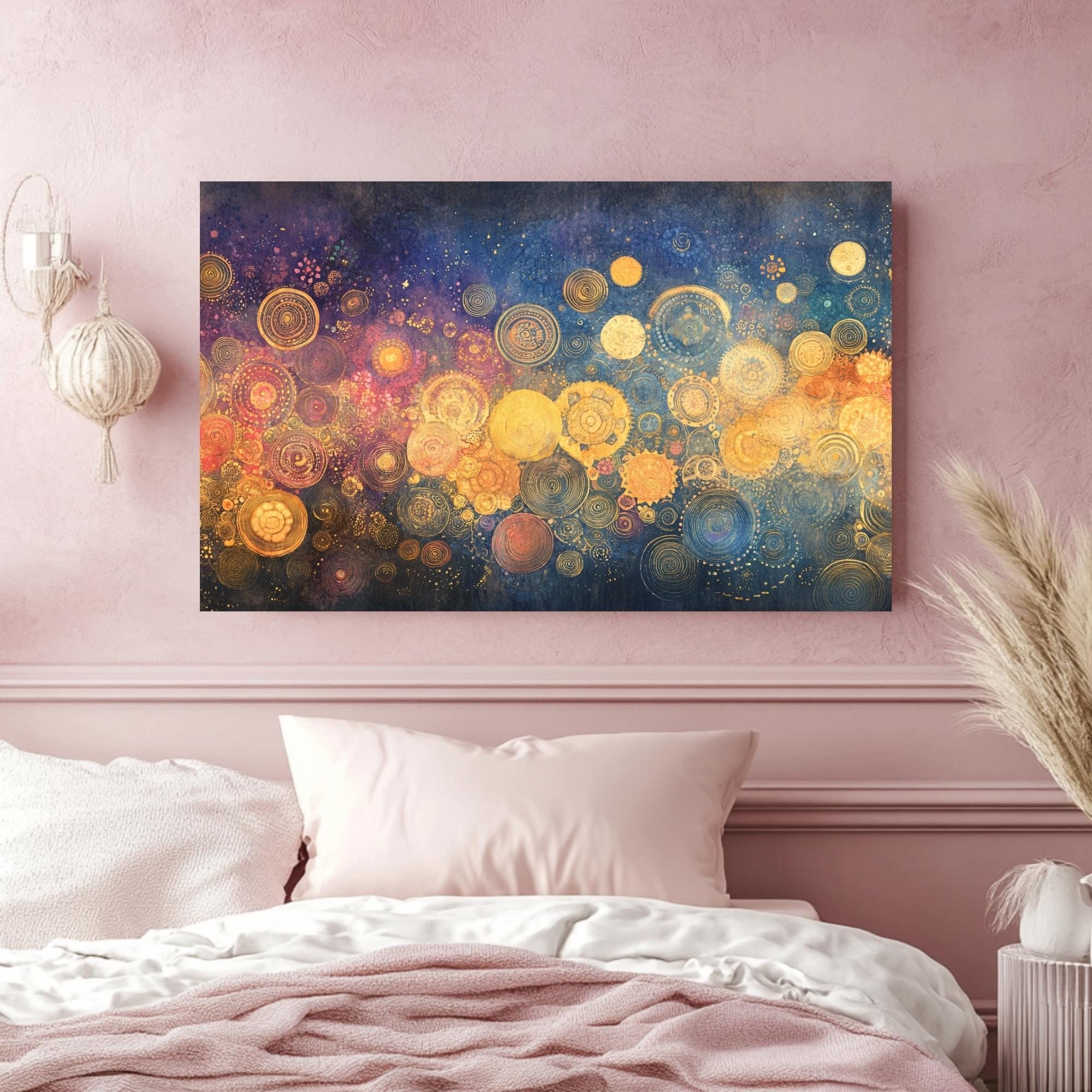 Golden Circle Wall Art Wooden Frame Canvas, Abstract Geometric Print, Metallic Orb Design, Cosmic Energy Artwork, Modern Zen Decor
