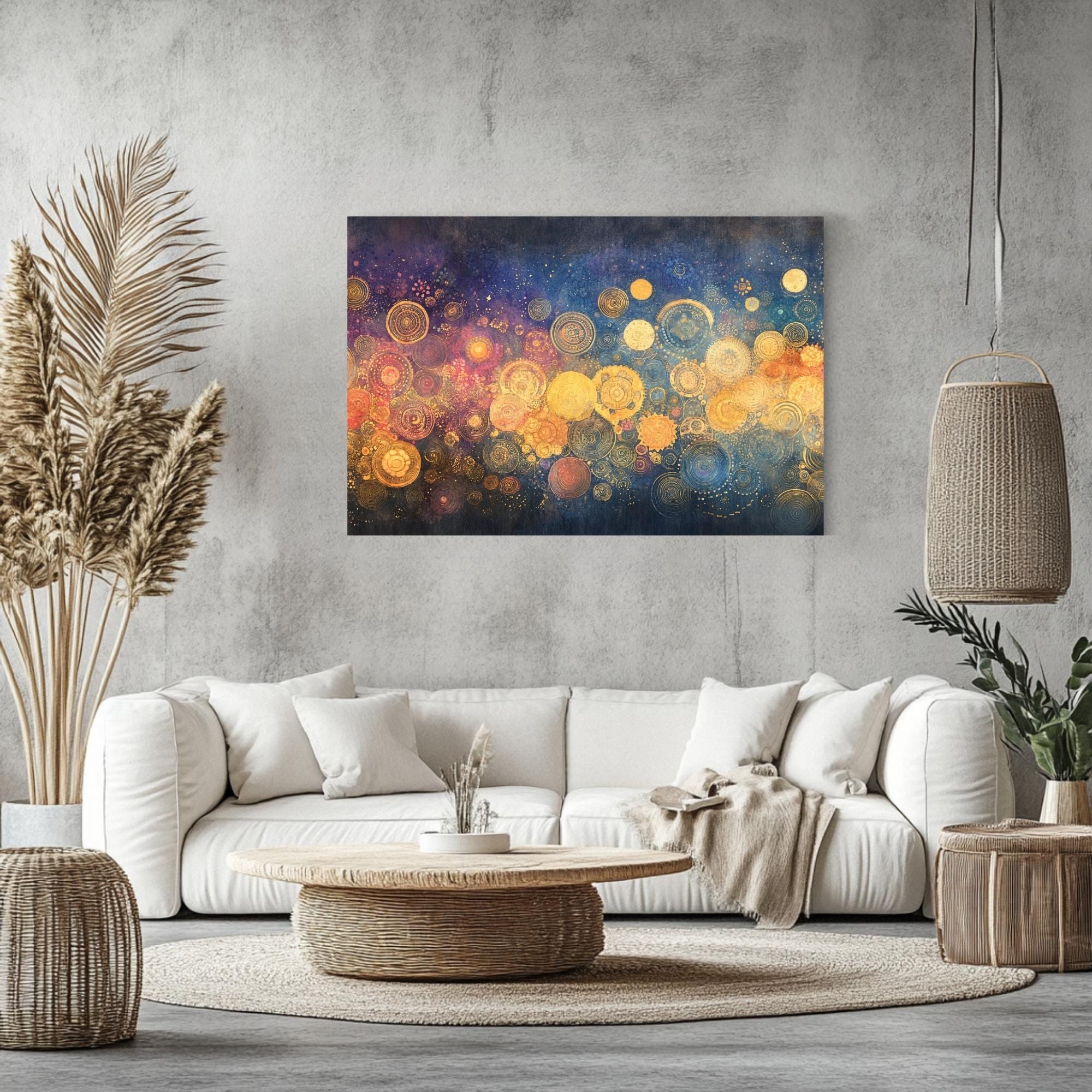 Golden Circle Wall Art Wooden Frame Canvas, Abstract Geometric Print, Metallic Orb Design, Cosmic Energy Artwork, Modern Zen Decor