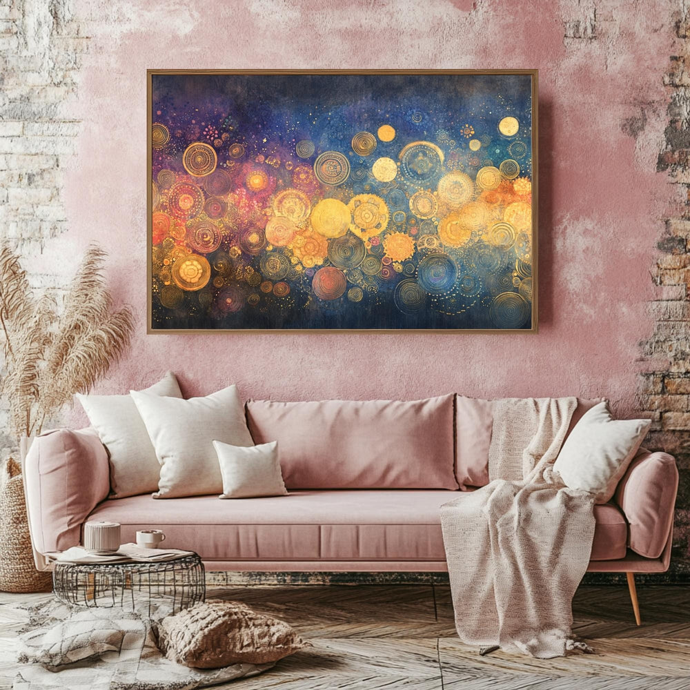 Golden Circle Wall Art Wooden Frame Canvas, Abstract Geometric Print, Metallic Orb Design, Cosmic Energy Artwork, Modern Zen Decor