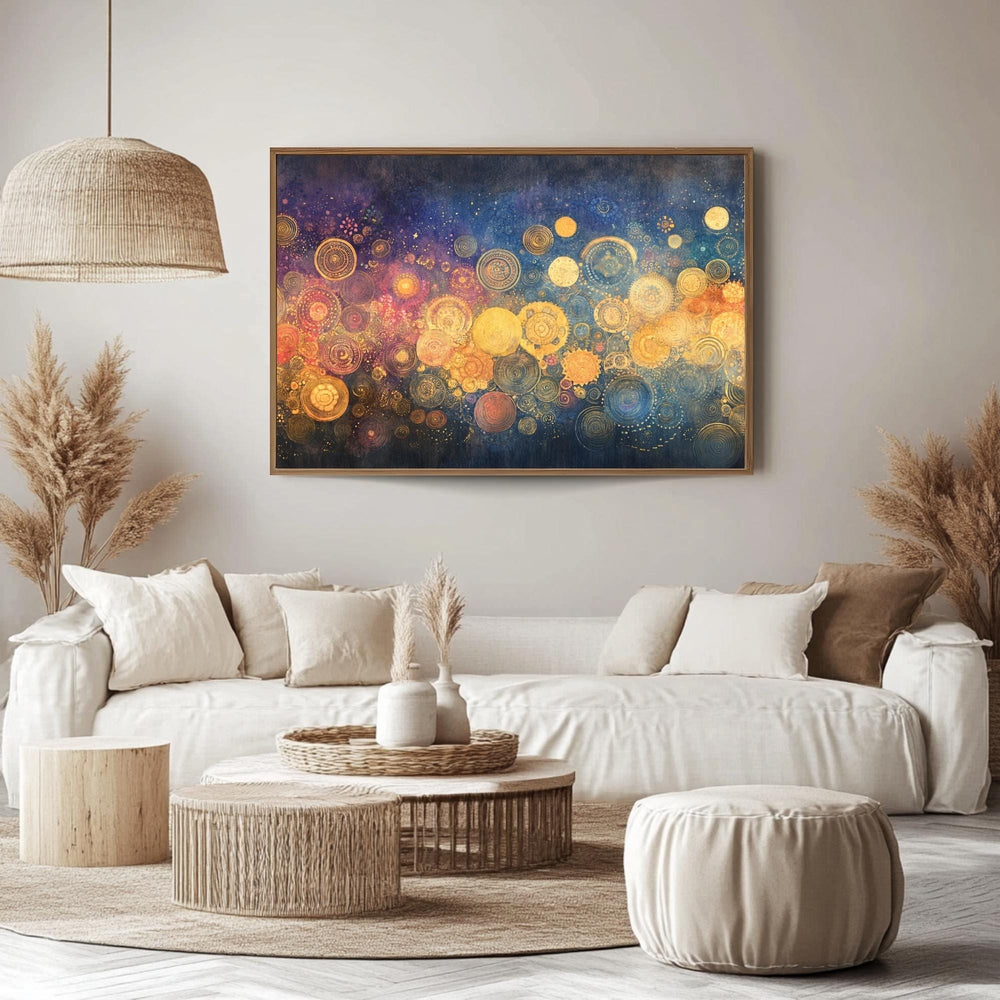 Golden Circle Wall Art Wooden Frame Canvas, Abstract Geometric Print, Metallic Orb Design, Cosmic Energy Artwork, Modern Zen Decor