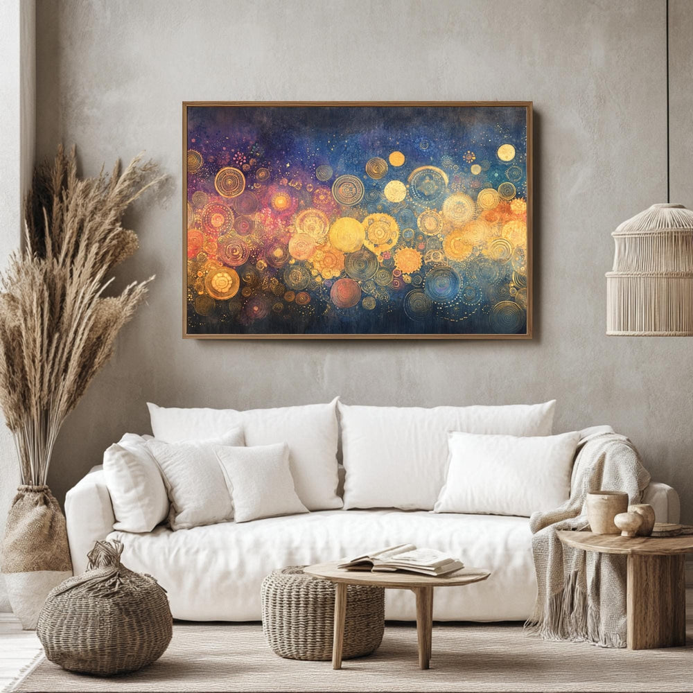 Golden Circle Wall Art Wooden Frame Canvas, Abstract Geometric Print, Metallic Orb Design, Cosmic Energy Artwork, Modern Zen Decor