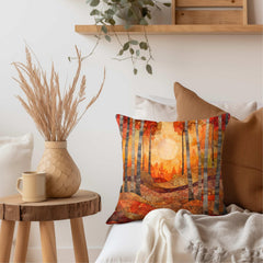 Fall Forest Throw Pillow, Abstract Tree Line and Sun Printed Pillow Cover, Double Sided Autumn Decor, Polyester Square Cushion