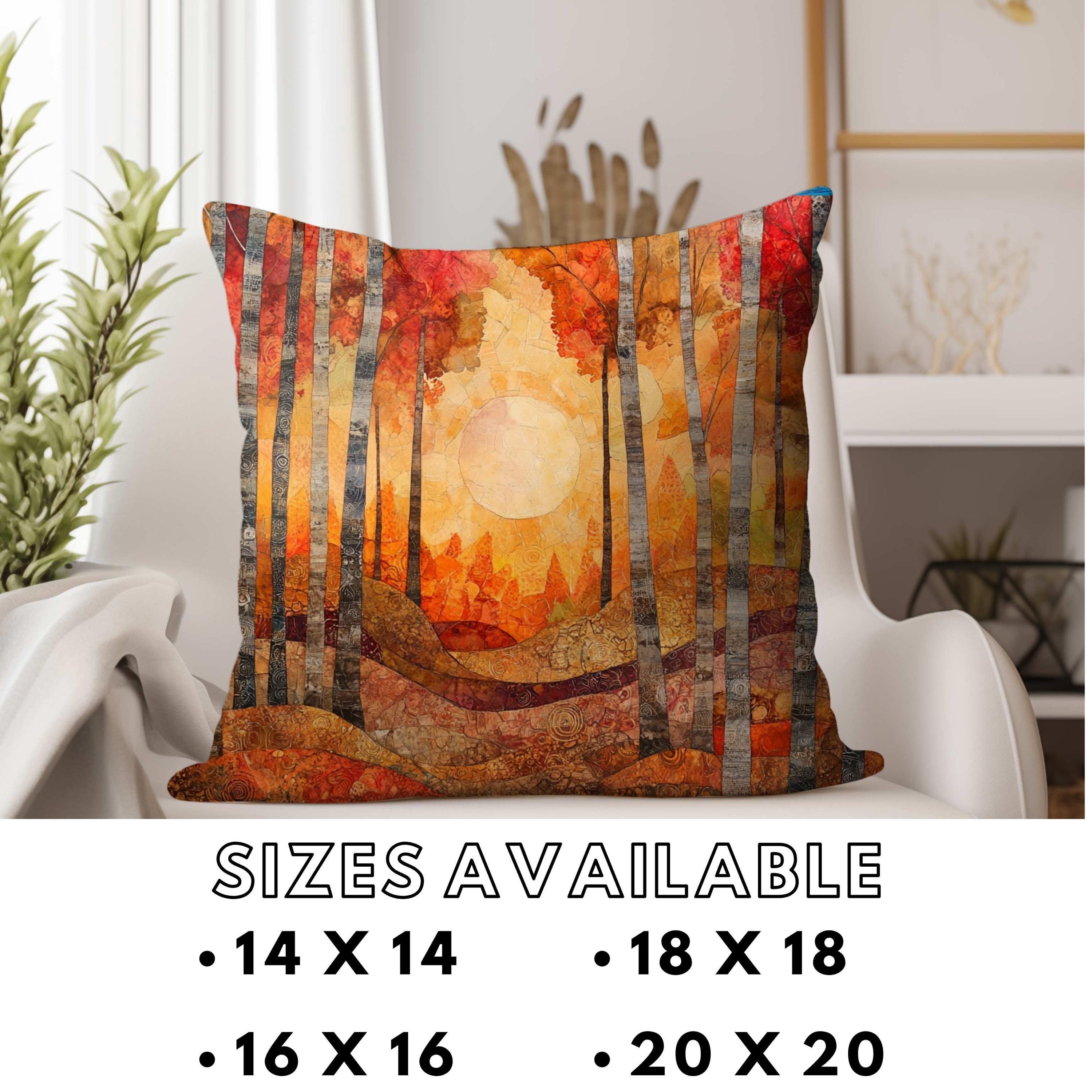 Fall Forest Throw Pillow, Abstract Tree Line and Sun Printed Pillow Cover, Double Sided Autumn Decor, Polyester Square Cushion