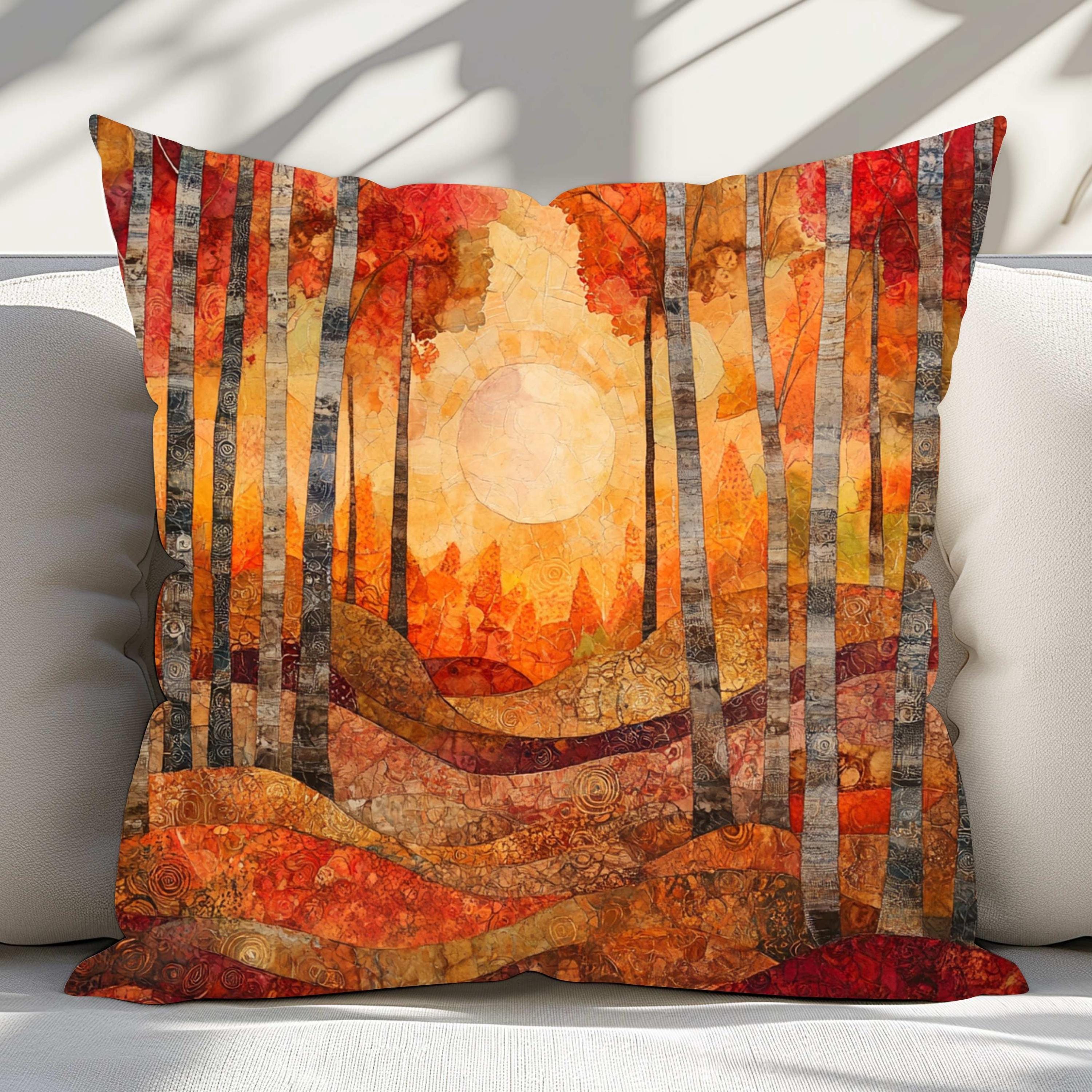 Fall Forest Throw Pillow, Abstract Tree Line and Sun Printed Pillow Cover, Double Sided Autumn Decor, Polyester Square Cushion