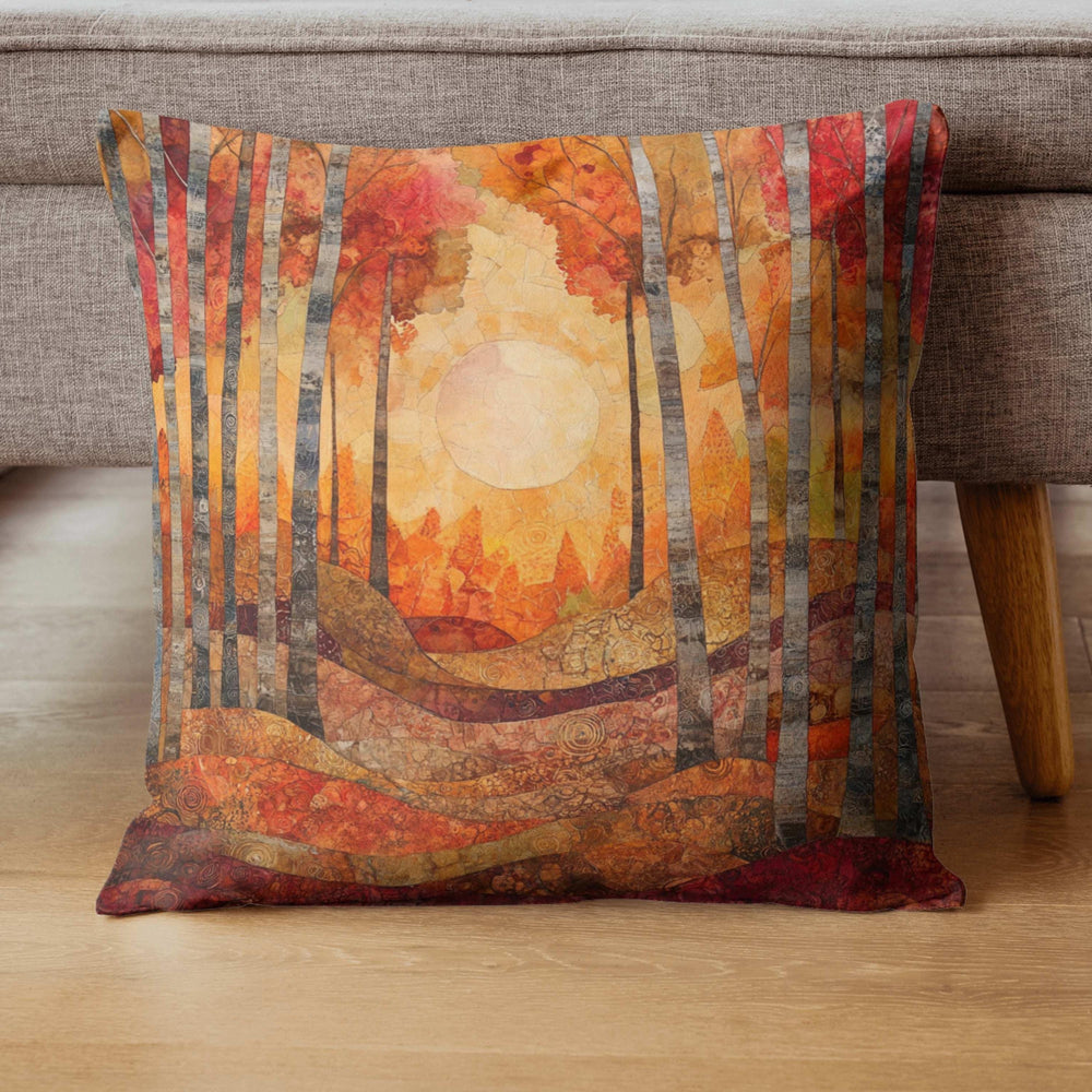 Fall Forest Throw Pillow, Abstract Tree Line and Sun Printed Pillow Cover, Double Sided Autumn Decor, Polyester Square Cushion