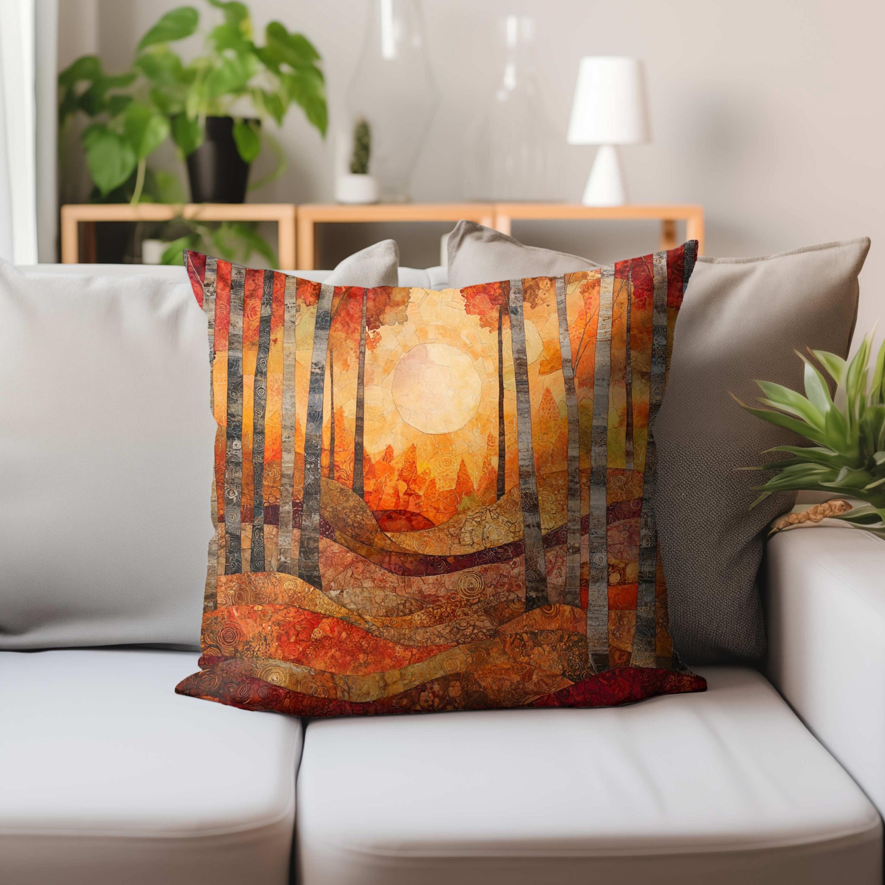 Fall Forest Throw Pillow, Abstract Tree Line and Sun Printed Pillow Cover, Double Sided Autumn Decor, Polyester Square Cushion