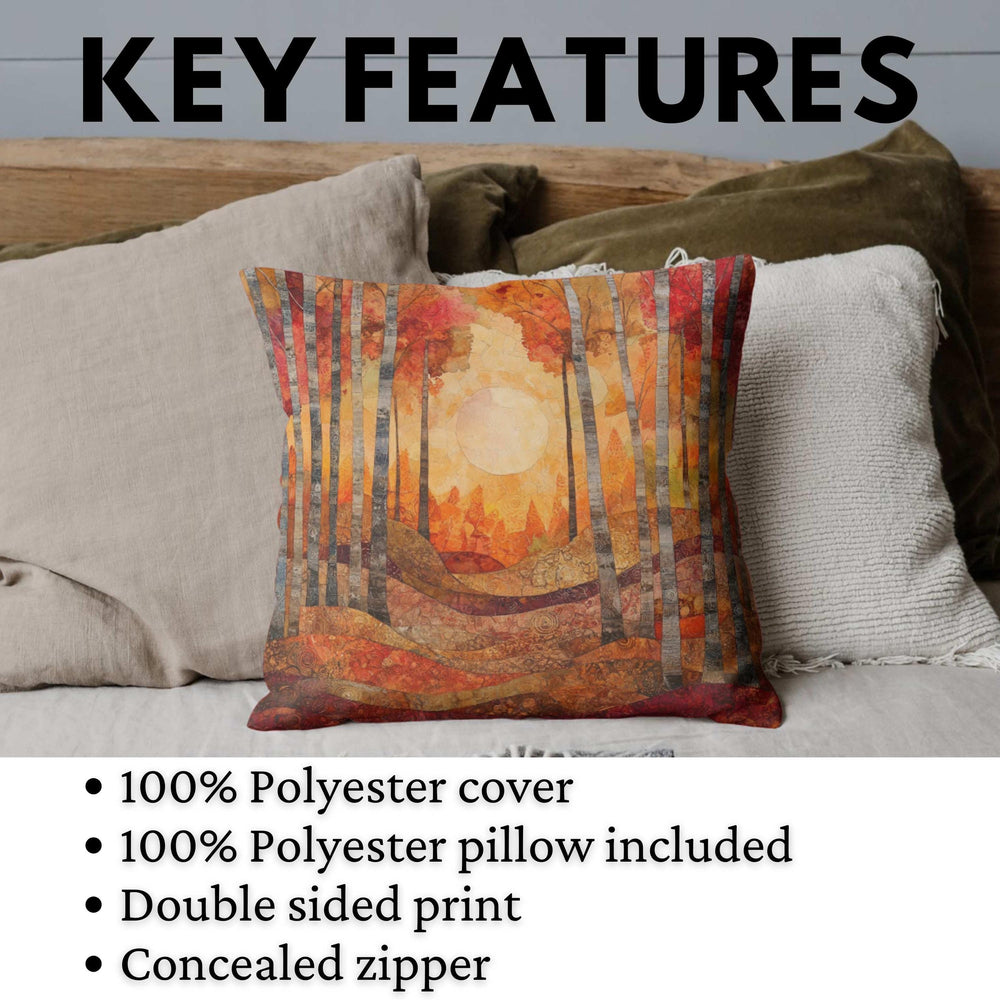 Fall Forest Throw Pillow, Abstract Tree Line and Sun Printed Pillow Cover, Double Sided Autumn Decor, Polyester Square Cushion