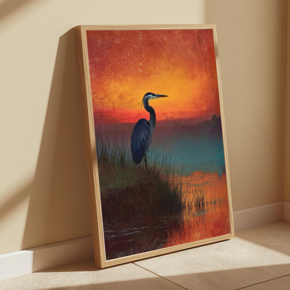 Heron at Sunset Wall Art, Bird Lake Landscape Canvas, Peaceful Nature Portrait, Rustic Home Decor, Gift for Bird Lovers