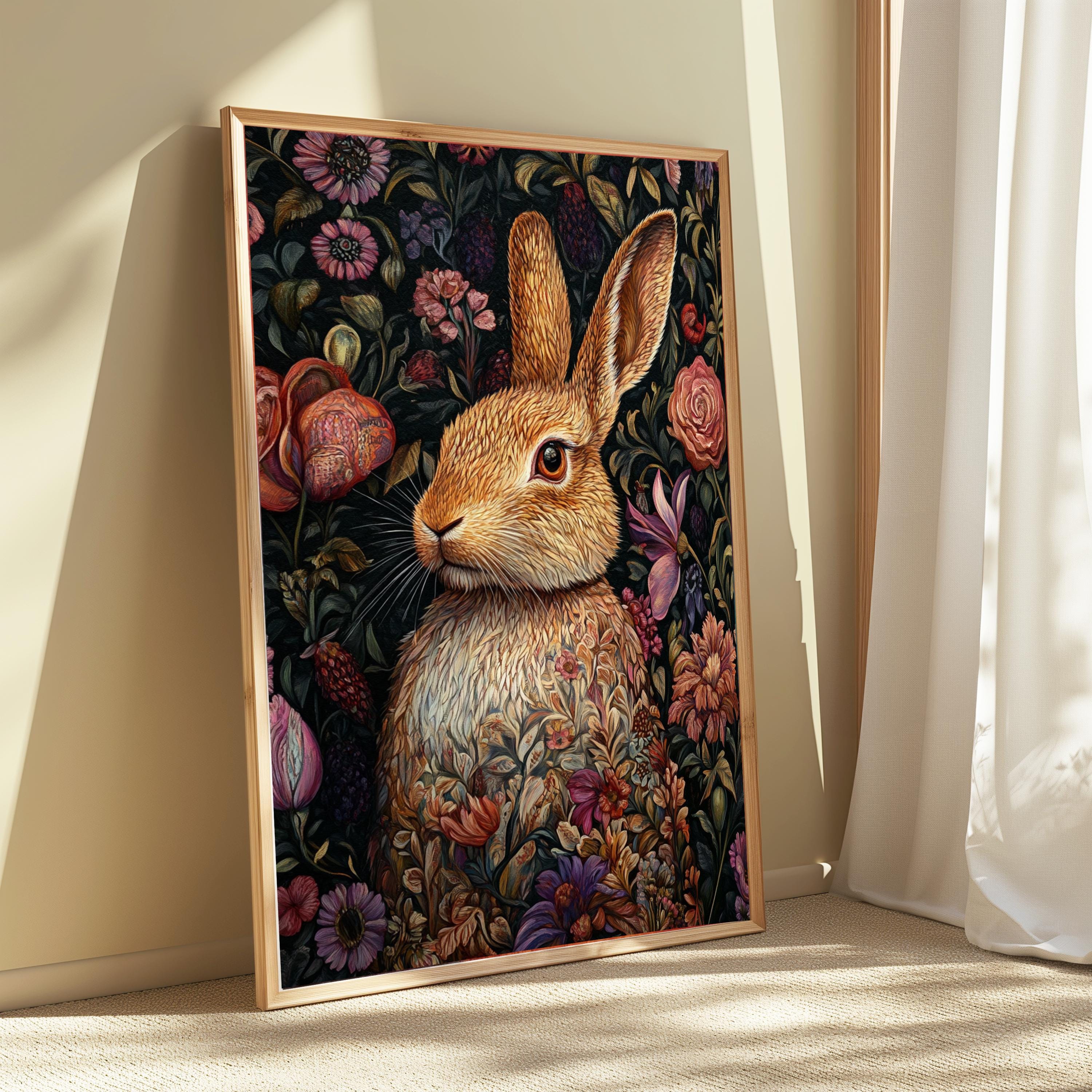 Floral Bunny Wall Art, William Morris Rabbit Canvas, Cottagecore Animal Print, Botanical Nature Decor, Gift for Rabbit Lovers