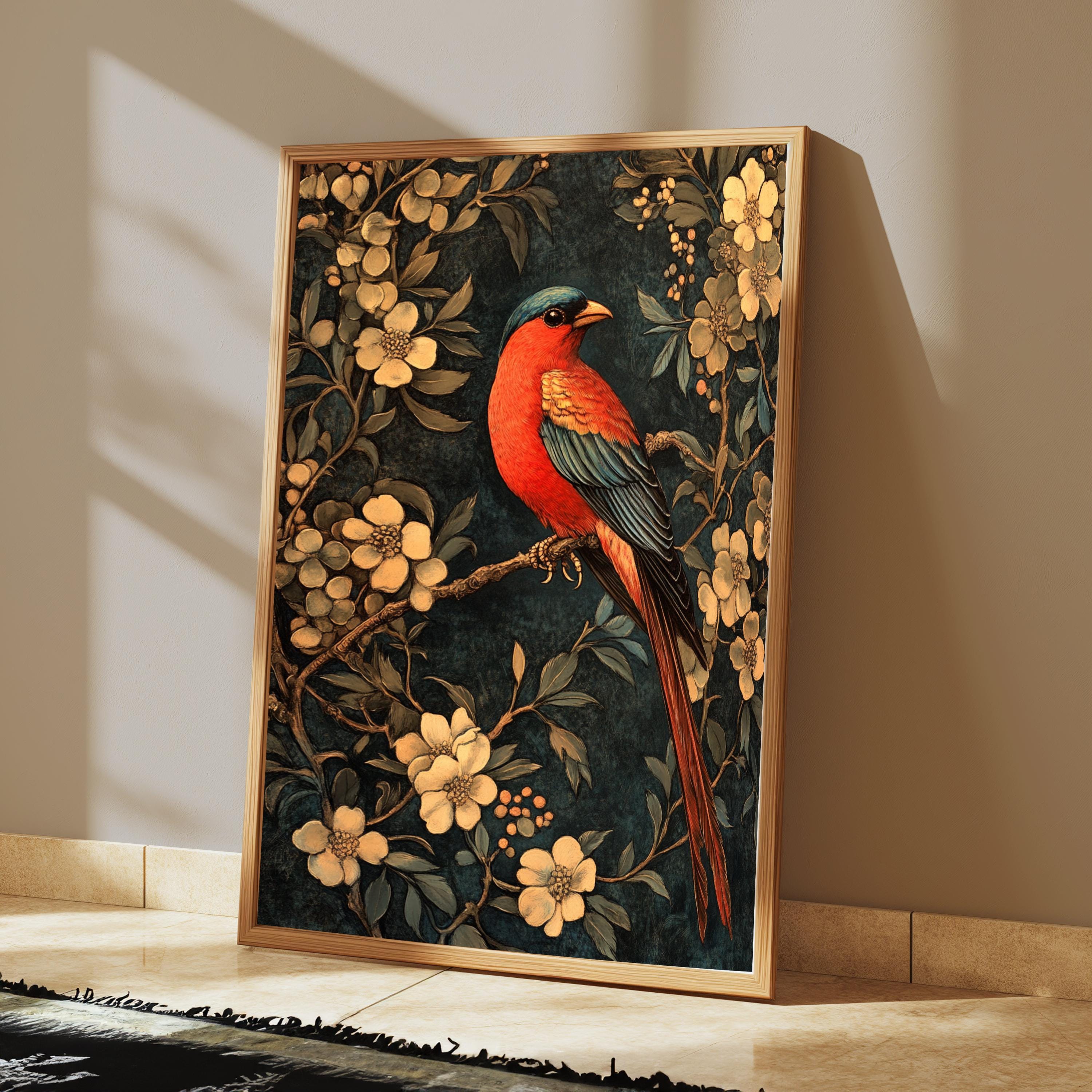 Floral Bird Wall Art, William Morris Inspired Canvas, Vintage Botanical Bird Print, Cottagecore Nature Decor, Gift for Bird Lovers