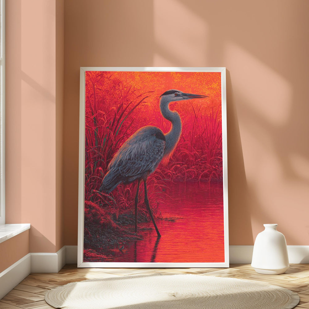 Sunset Heron Wall Art, Vibrant Bird Lake Canvas, Bold Nature Portrait Print, Rustic Wildlife Decor, Gift for Bird and Nature Lovers