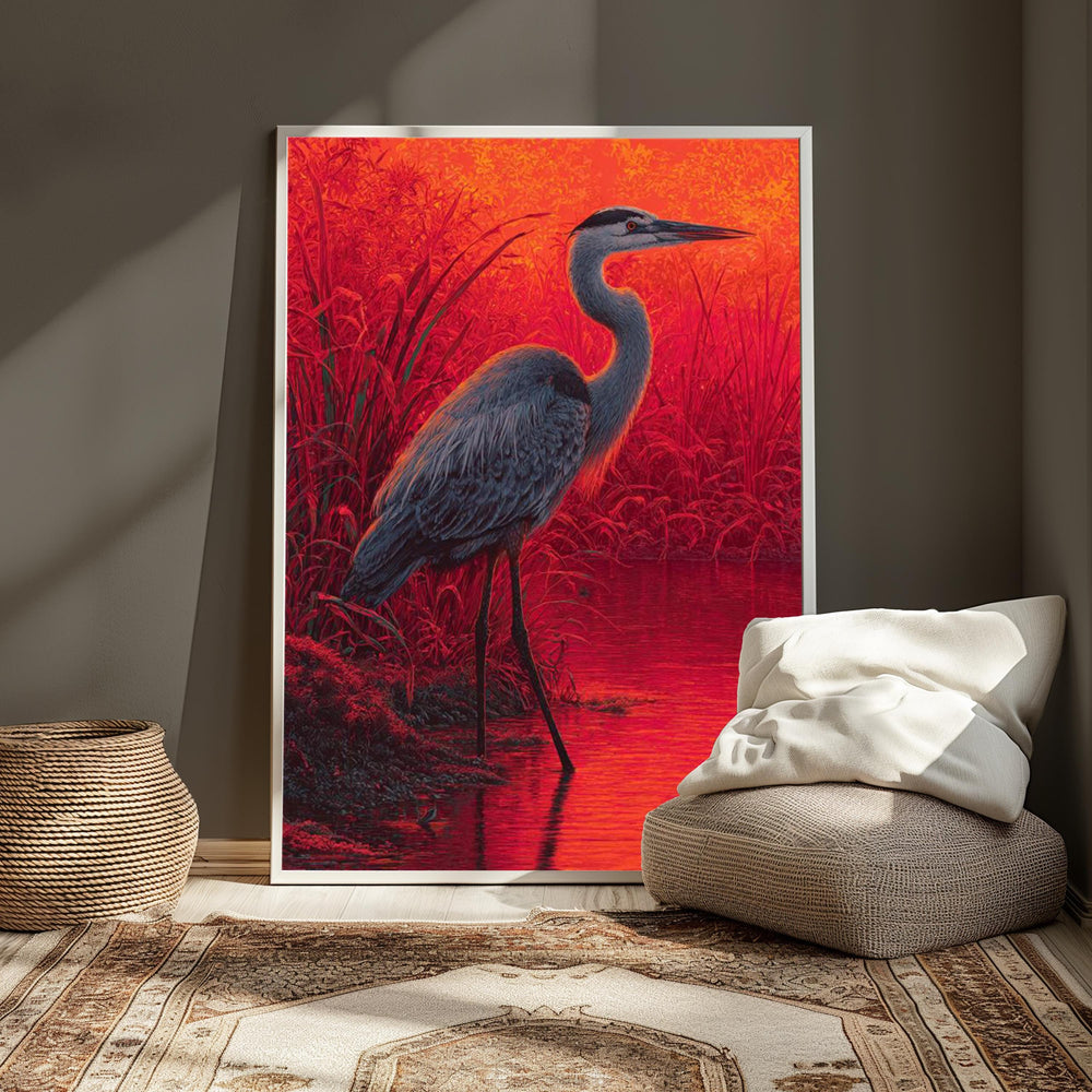 Sunset Heron Wall Art, Vibrant Bird Lake Canvas, Bold Nature Portrait Print, Rustic Wildlife Decor, Gift for Bird and Nature Lovers