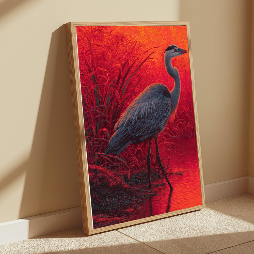 Sunset Heron Wall Art, Vibrant Bird Lake Canvas, Bold Nature Portrait Print, Rustic Wildlife Decor, Gift for Bird and Nature Lovers