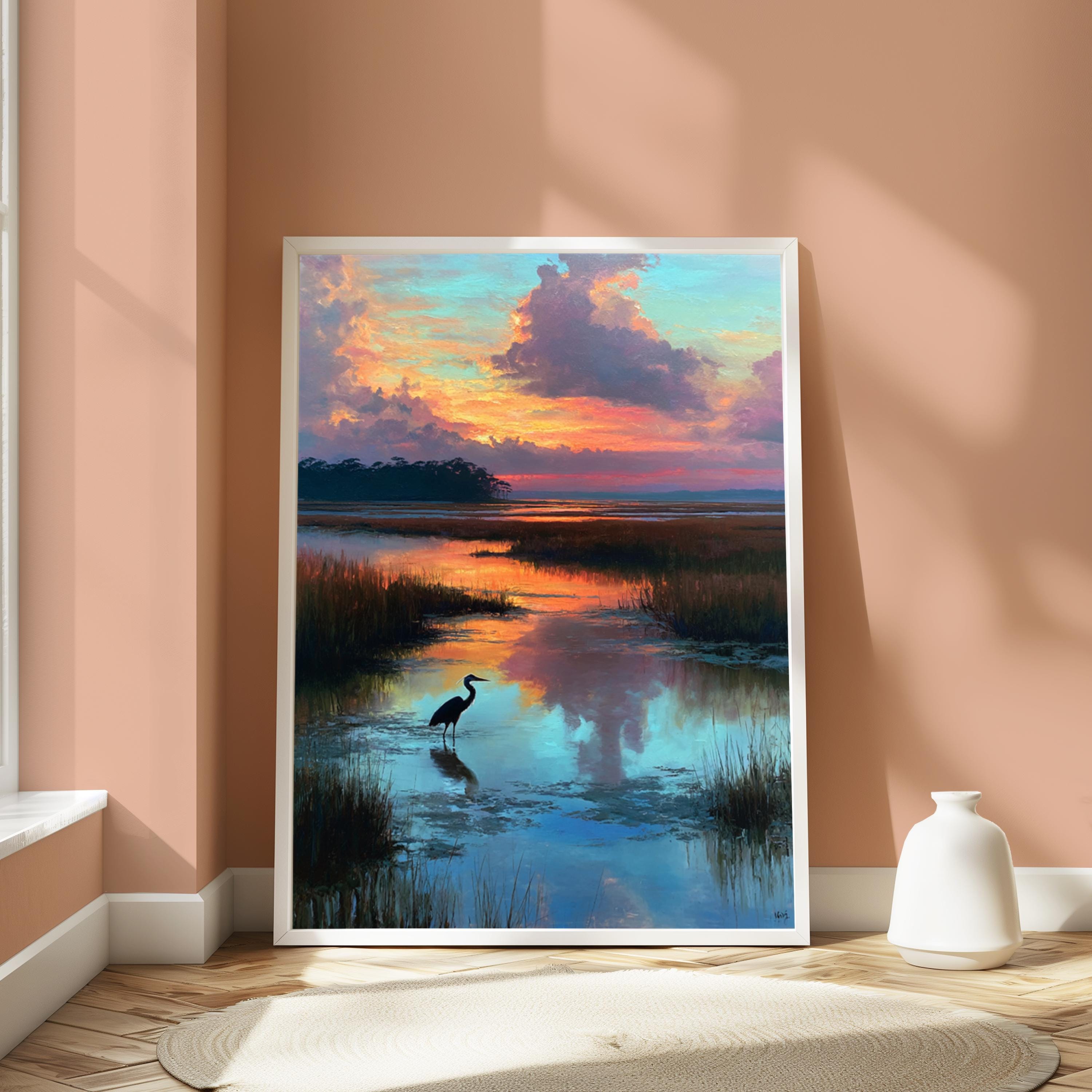 Heron at Marsh Sunset Wall Art, Peaceful Landscape Canvas, Coastal Wetland Nature Decor, Elegant Home Accent, Gift for Nature Lovers