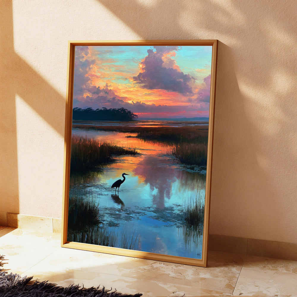 Heron at Marsh Sunset Wall Art, Peaceful Landscape Canvas, Coastal Wetland Nature Decor, Elegant Home Accent, Gift for Nature Lovers