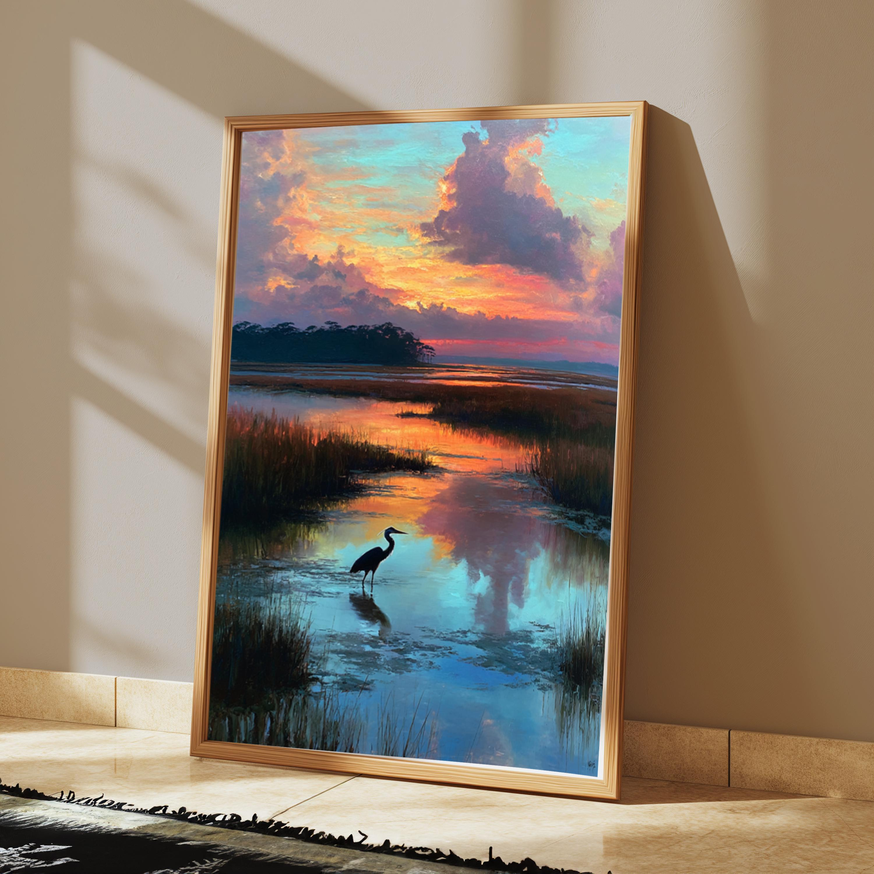 Heron at Marsh Sunset Wall Art, Peaceful Landscape Canvas, Coastal Wetland Nature Decor, Elegant Home Accent, Gift for Nature Lovers