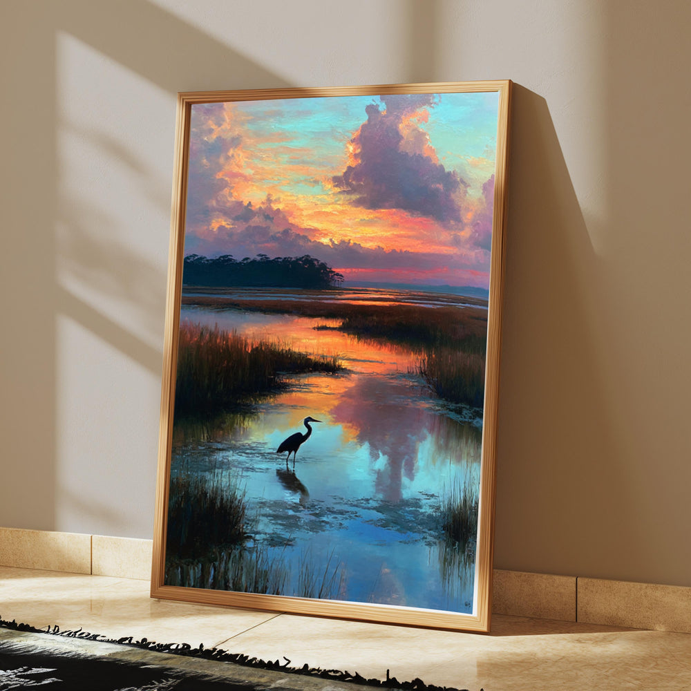 Heron at Marsh Sunset Wall Art, Peaceful Landscape Canvas, Coastal Wetland Nature Decor, Elegant Home Accent, Gift for Nature Lovers