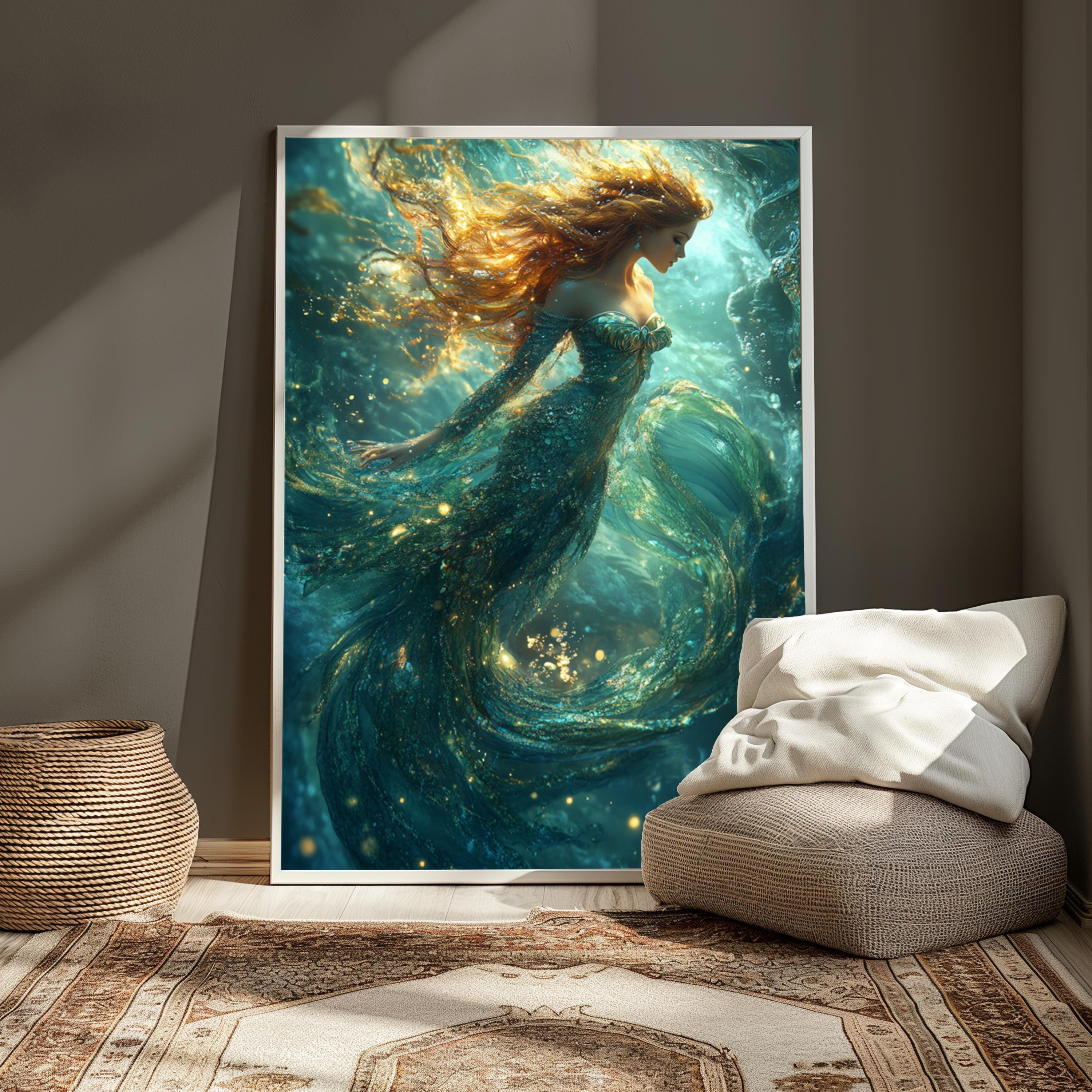 Underwater Mermaid Wall Art, Elegant Fantasy Canvas, Mystical Ocean Scene Decor, Magical Home Accent, Gift for Mermaid and Ocean Lovers